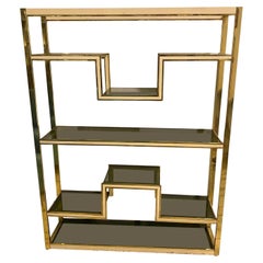 Retro 1970s Romeo Rega Style Mid-Century Modern Brass and Smoked glass Bookcase