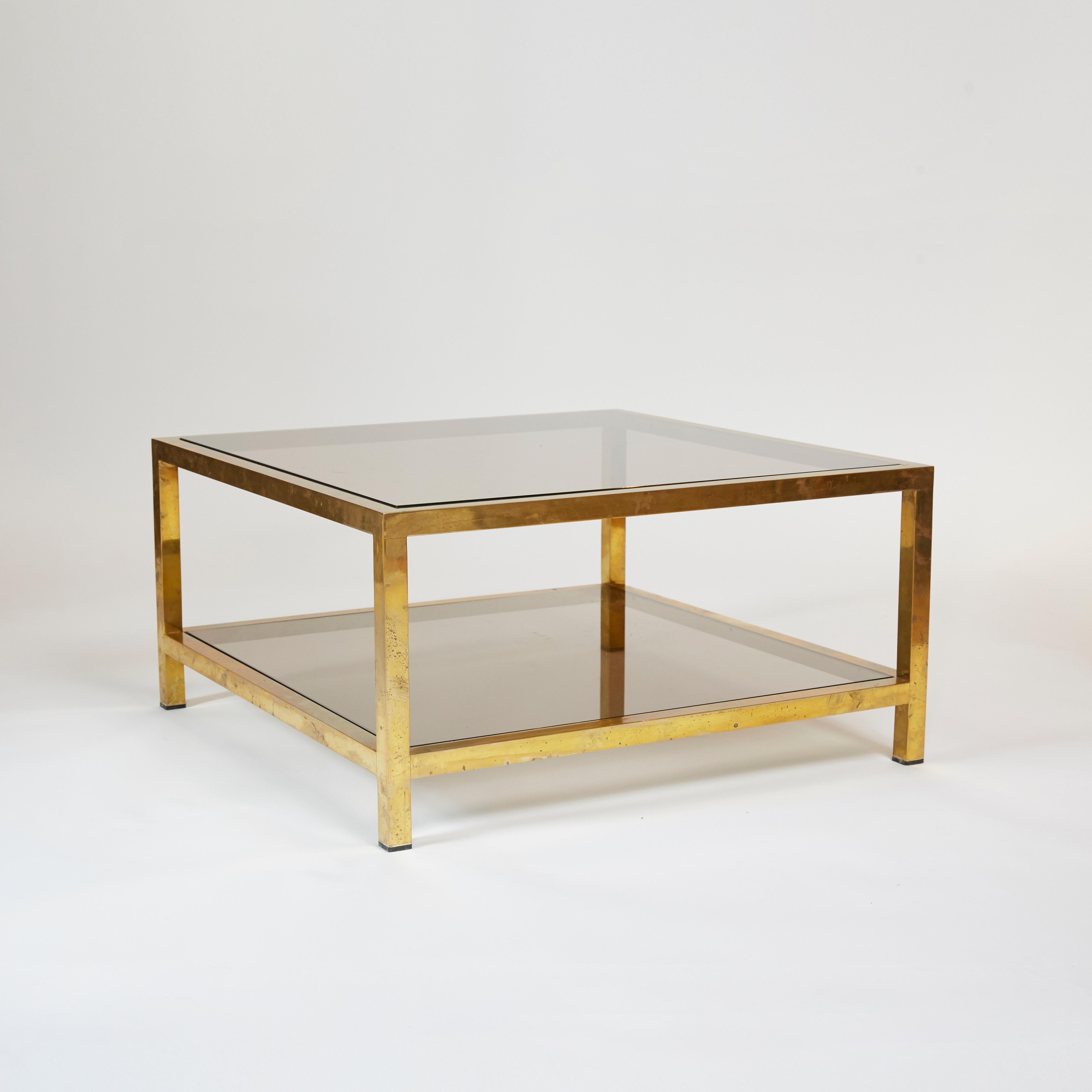 Mid-Century Modern Pair of 1970s Romeo Rega Italian Coffee Tables in Brass and Smoked Glass