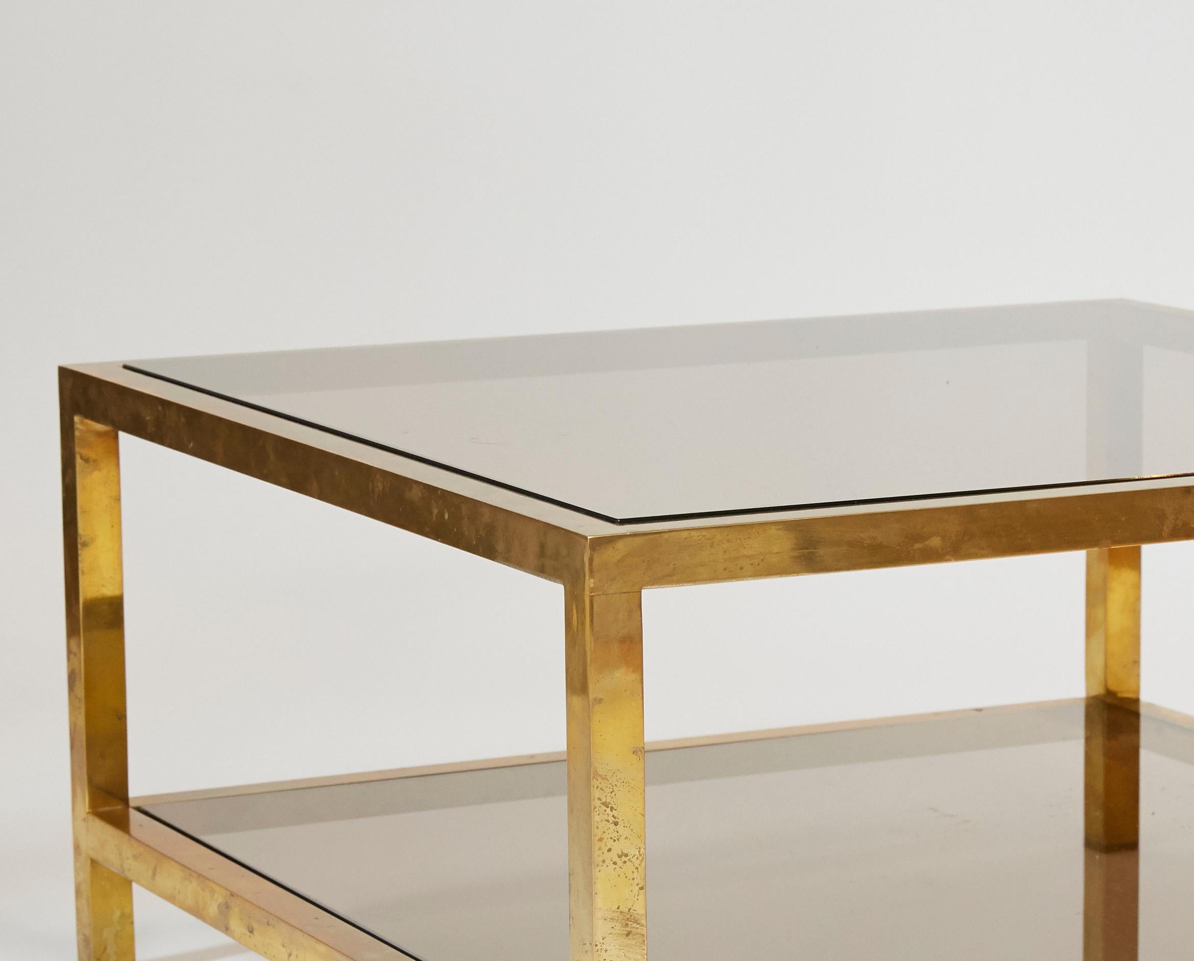 Pair of 1970s Romeo Rega Italian Coffee Tables in Brass and Smoked Glass In Good Condition In London, GB