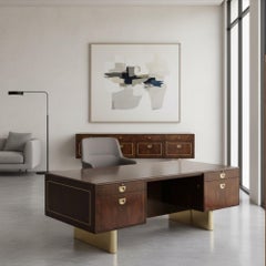 1970s Romweber Burl Wood and Gold Trim Desk and Credenza Set