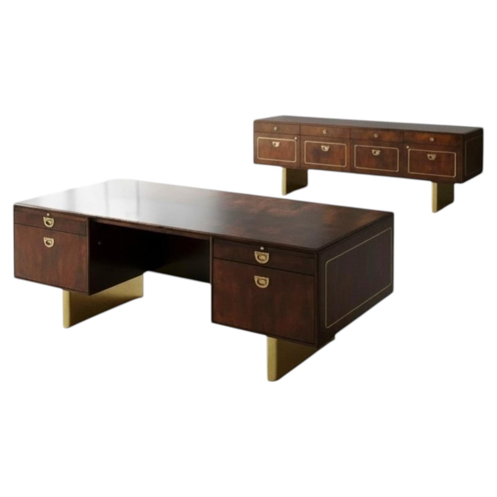 1970s Romweber Burl Wood and Gold Trim Executive Desk and Credenza Set For Sale