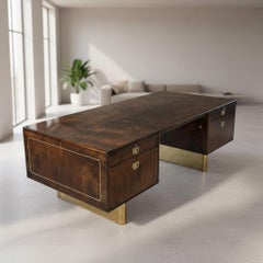 1970s Romweber Burl Wood and Gold Trim Executive Desk with Filing Drawers