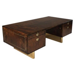 1970s Romweber Burl Wood and Gold Trim Executive Desk with Filing Drawers