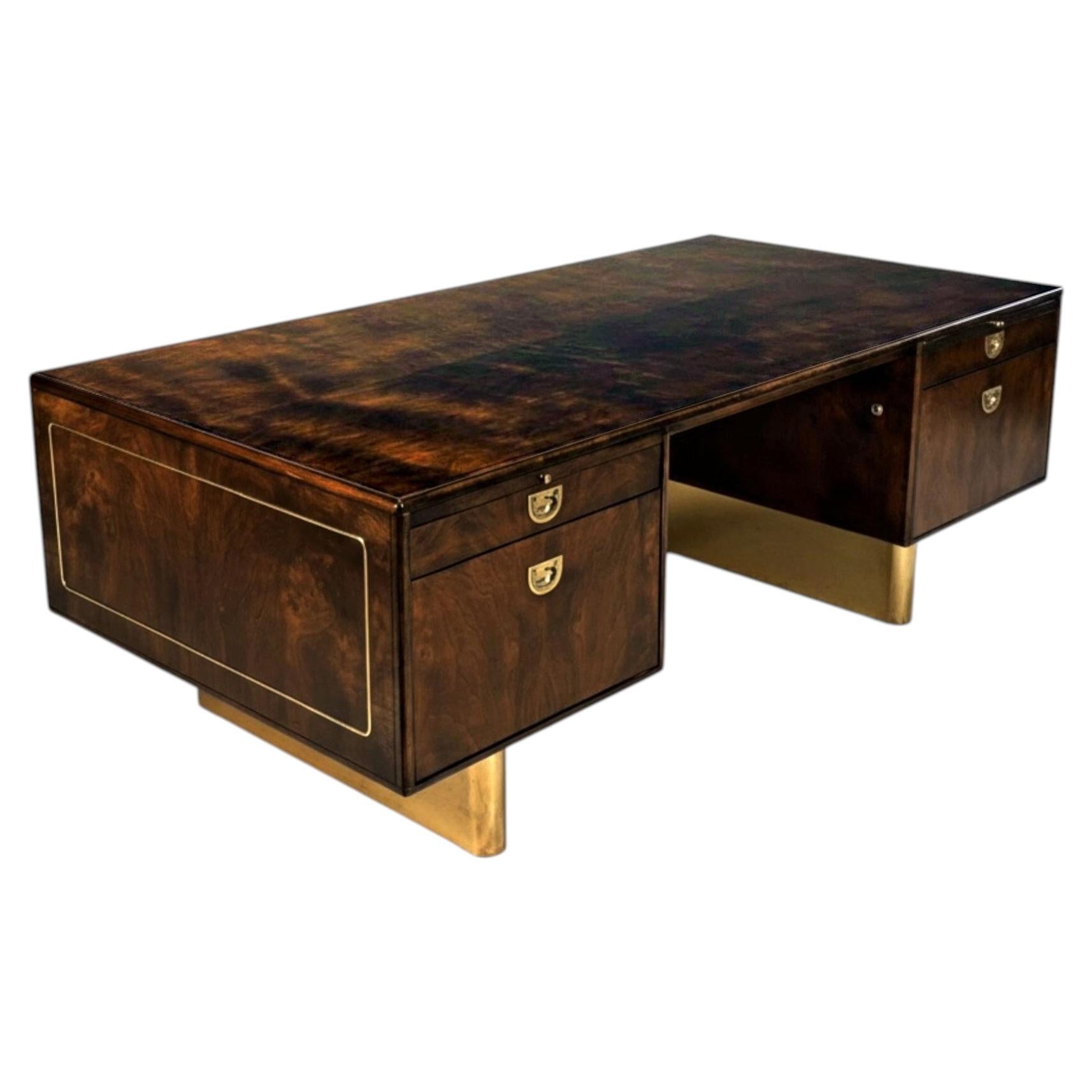 1970s Romweber Burl Wood and Gold Trim Executive Desk with Filing Drawers