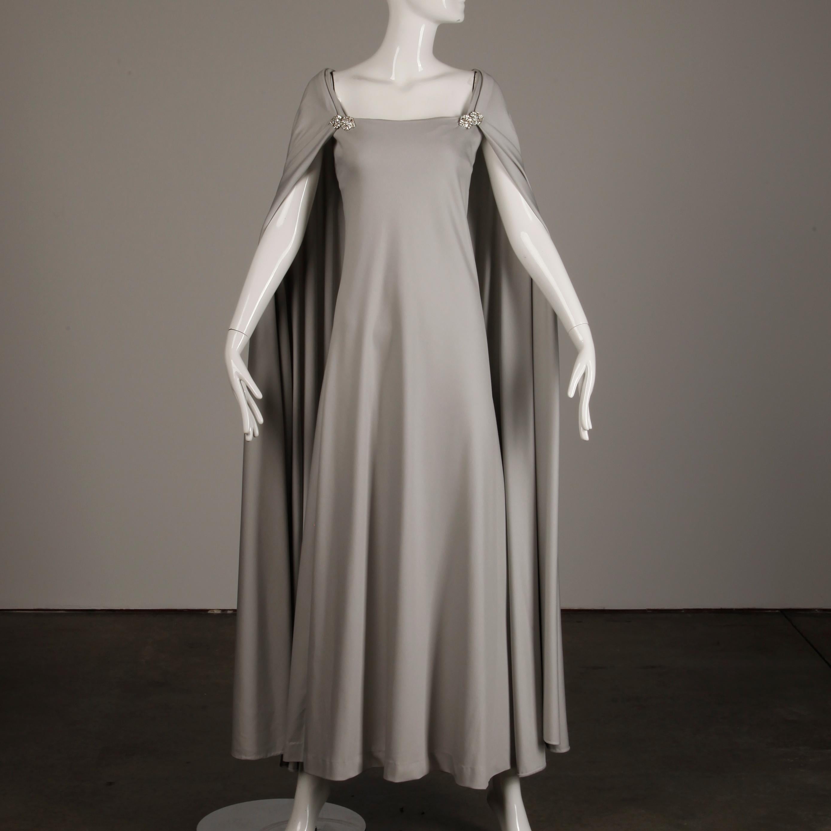 1970s Rona Vintage Gray Jersey Knit Dress/ Gown with Detachable Rhinestone Cape In Excellent Condition In Sparks, NV