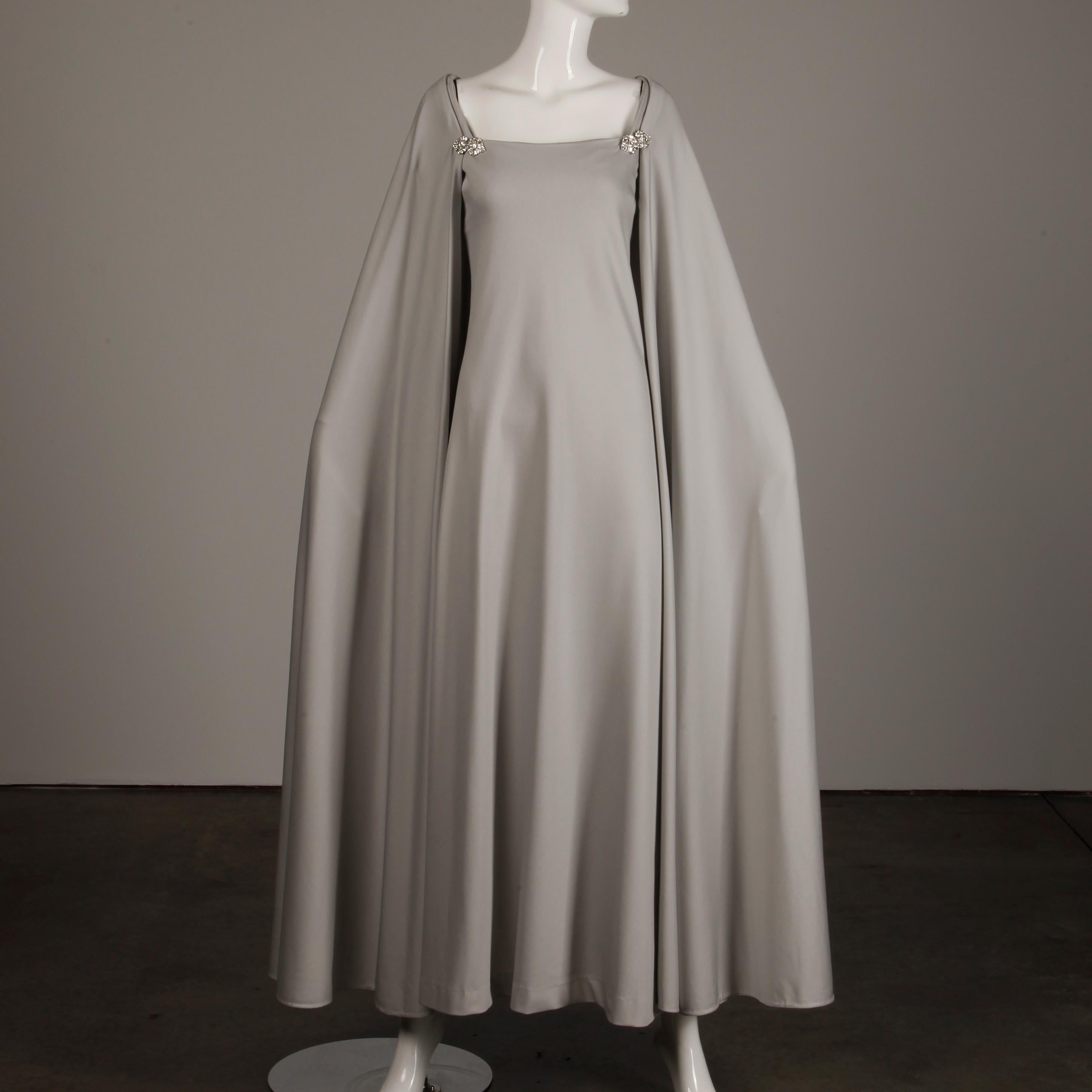 Women's 1970s Rona Vintage Gray Jersey Knit Dress/ Gown with Detachable Rhinestone Cape
