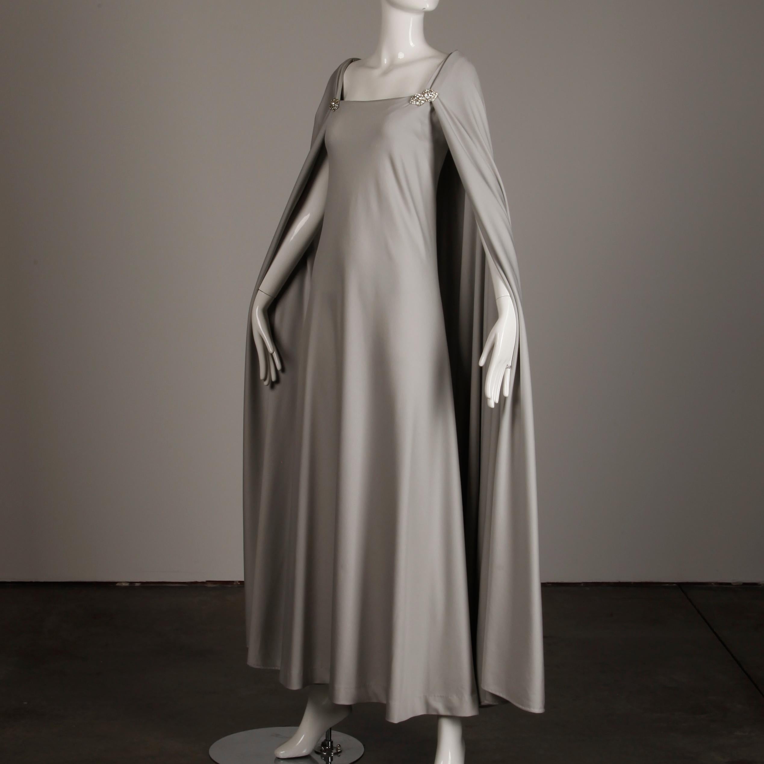 1970s Rona Vintage Gray Jersey Knit Dress/ Gown with Detachable Rhinestone Cape 1