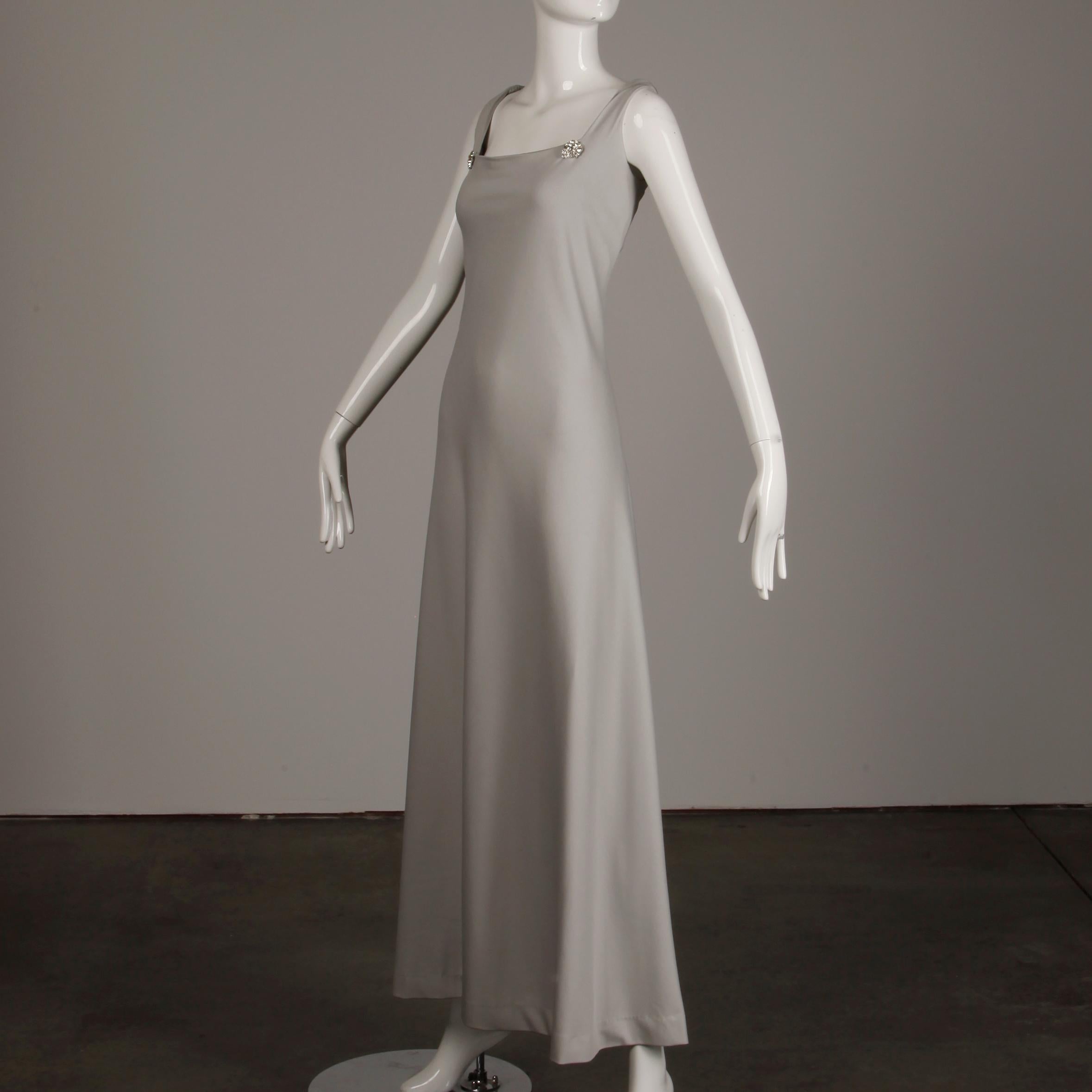 1970s Rona Vintage Gray Jersey Knit Dress/ Gown with Detachable Rhinestone Cape 3
