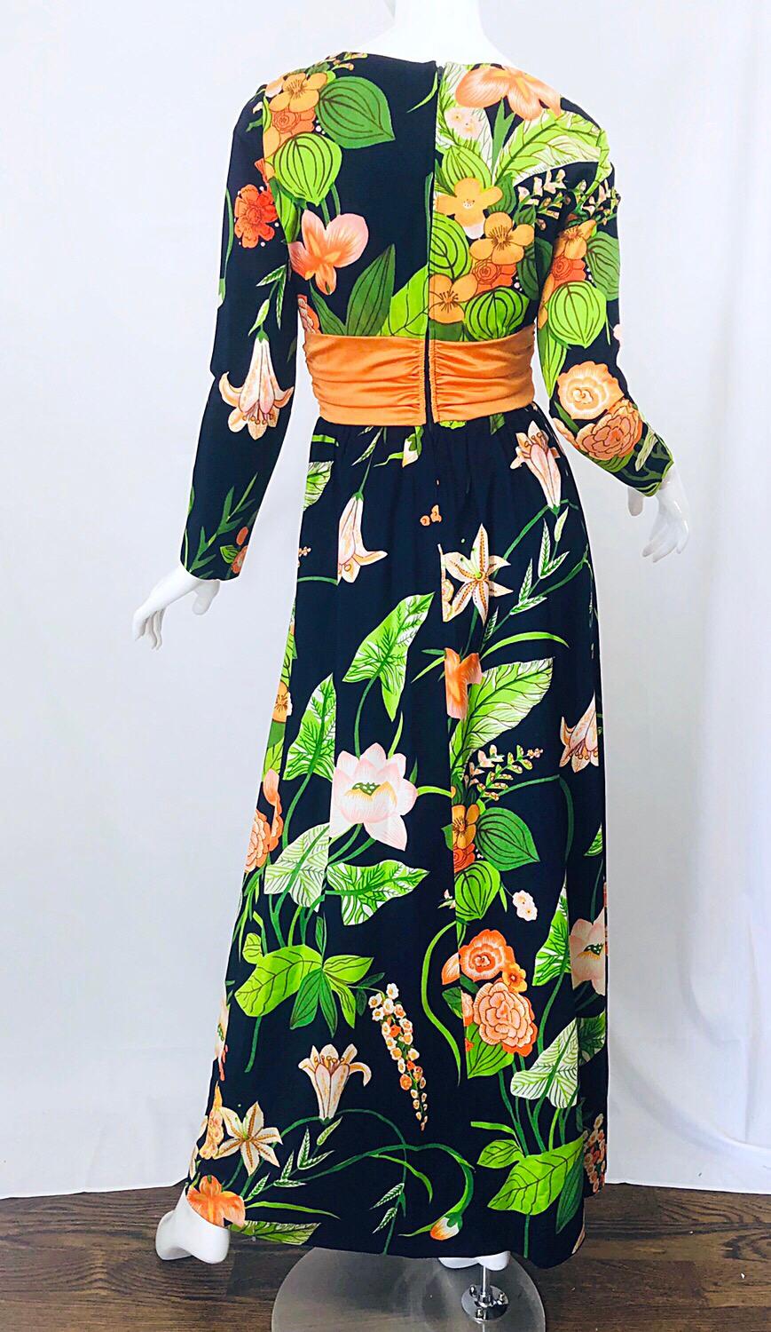 1970s Ronald Kolodzie Azul marino Naranja Verde Manga larga Vintage 70s Maxi Vestido Negro en venta