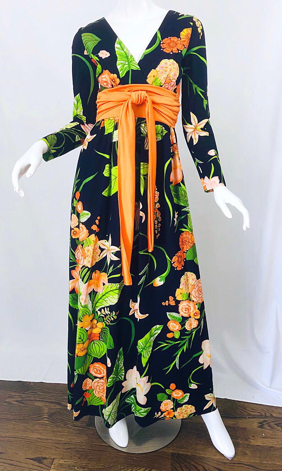 Black 1970s Ronald Kolodzie Navy Blue Orange Green Long Sleeve Vintage 70s Maxi Dress For Sale