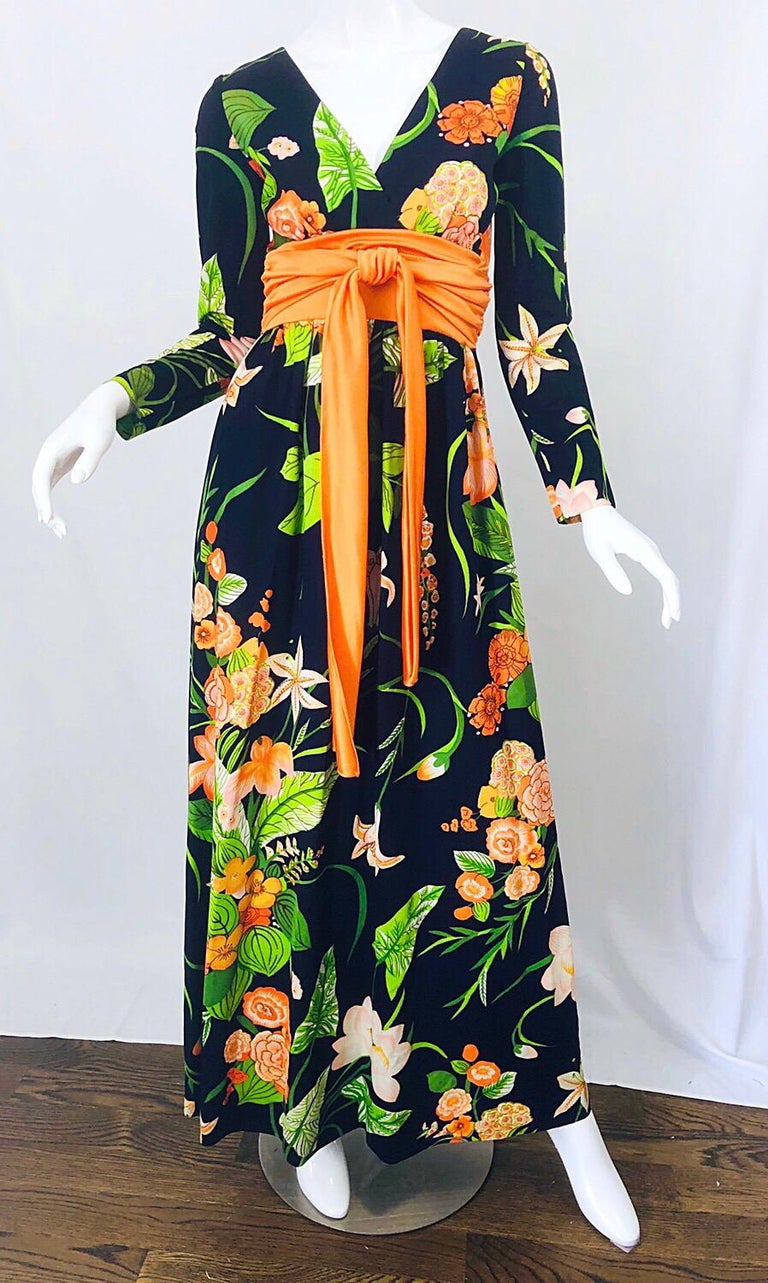 1970s Ronald Kolodzie Navy Blue Orange Green Long Sleeve Vintage 70s Maxi Dress