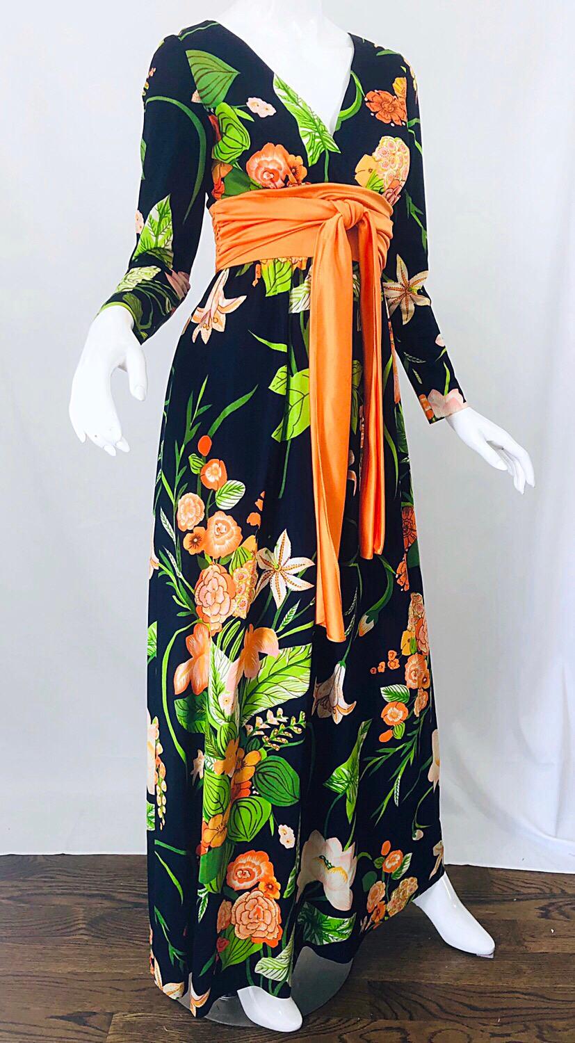 1970s Ronald Kolodzie Navy Blue Orange Green Long Sleeve Vintage 70s Maxi Dress In Excellent Condition For Sale In San Diego, CA