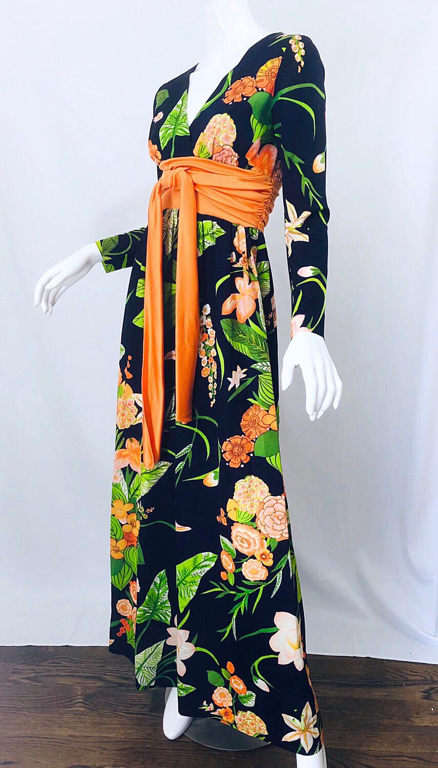 Women's 1970s Ronald Kolodzie Navy Blue Orange Green Long Sleeve Vintage 70s Maxi Dress For Sale