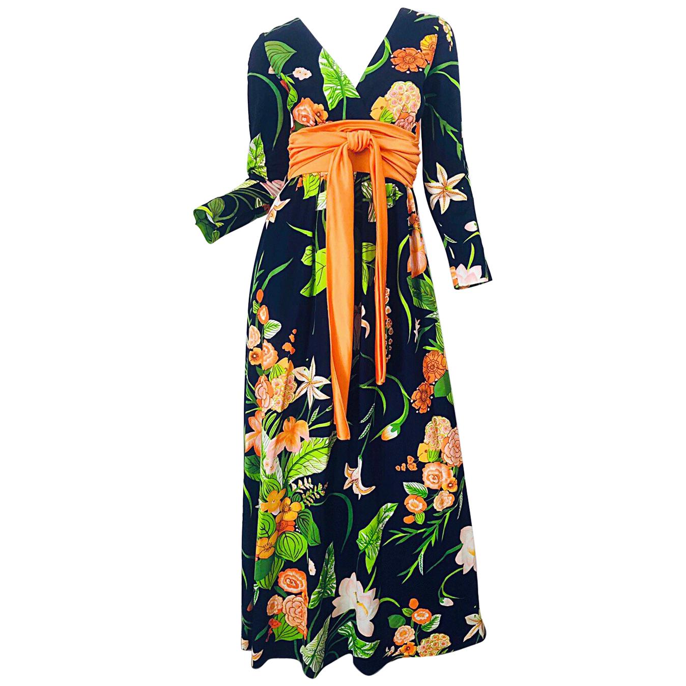 1970s Ronald Kolodzie Azul marino Naranja Verde Manga larga Vintage 70s Maxi Vestido en venta