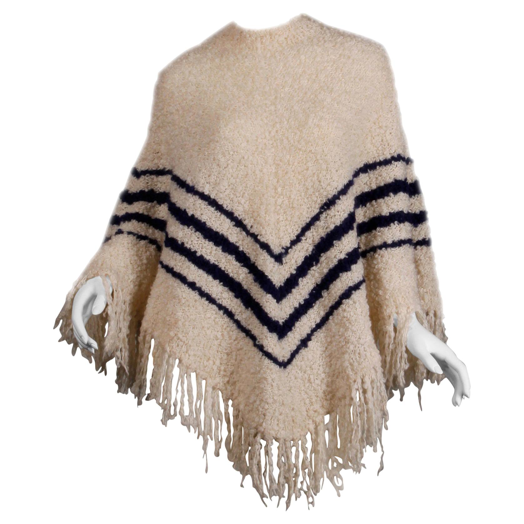 1970s Roos Atkins Vintage Wool Knit Sweater Poncho or Cape with Fringe +  Stripes at 1stDibs