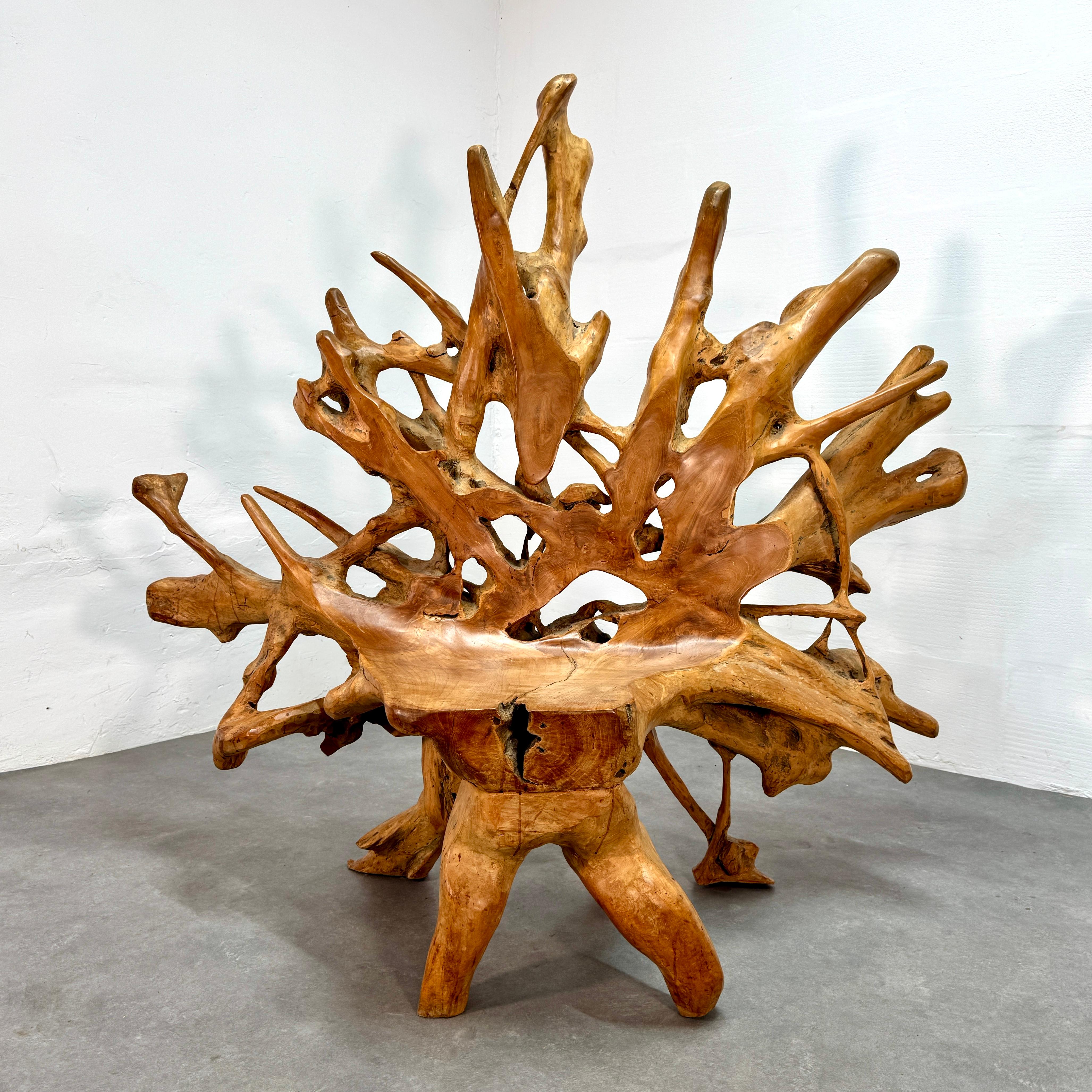 Esta silla procede de una finca de Francia donde se fabricó en los años 70. El tocón y las raíces son de un viejo castaño.

Ha estado todos estos años en una de las habitaciones como un trono. Delante de un gran ventanal se utilizaba de forma