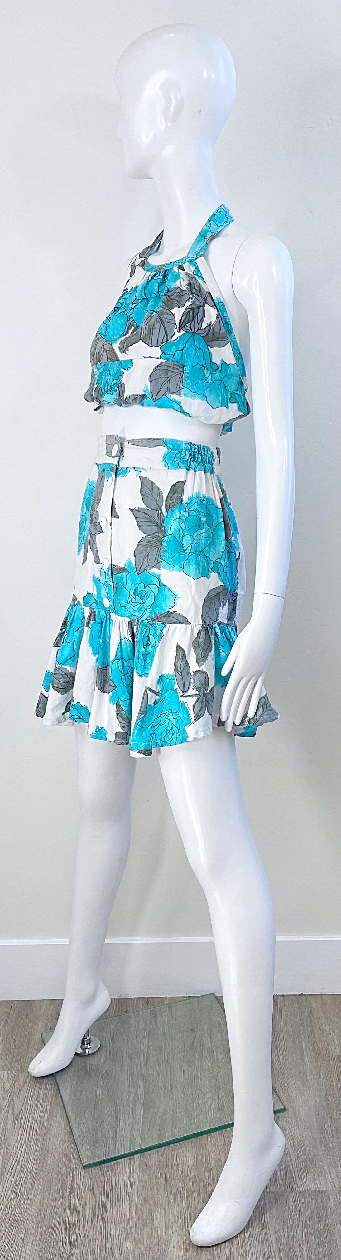 1970s Rose Flower Print Turquoise Blue Grey White 70s Cotton Crop Top Skirt Set For Sale 1