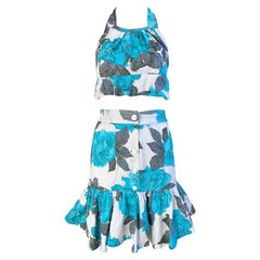 1970s Rose Flower Print Turquoise Blue Grey White 70s Cotton Crop Top Skirt Set