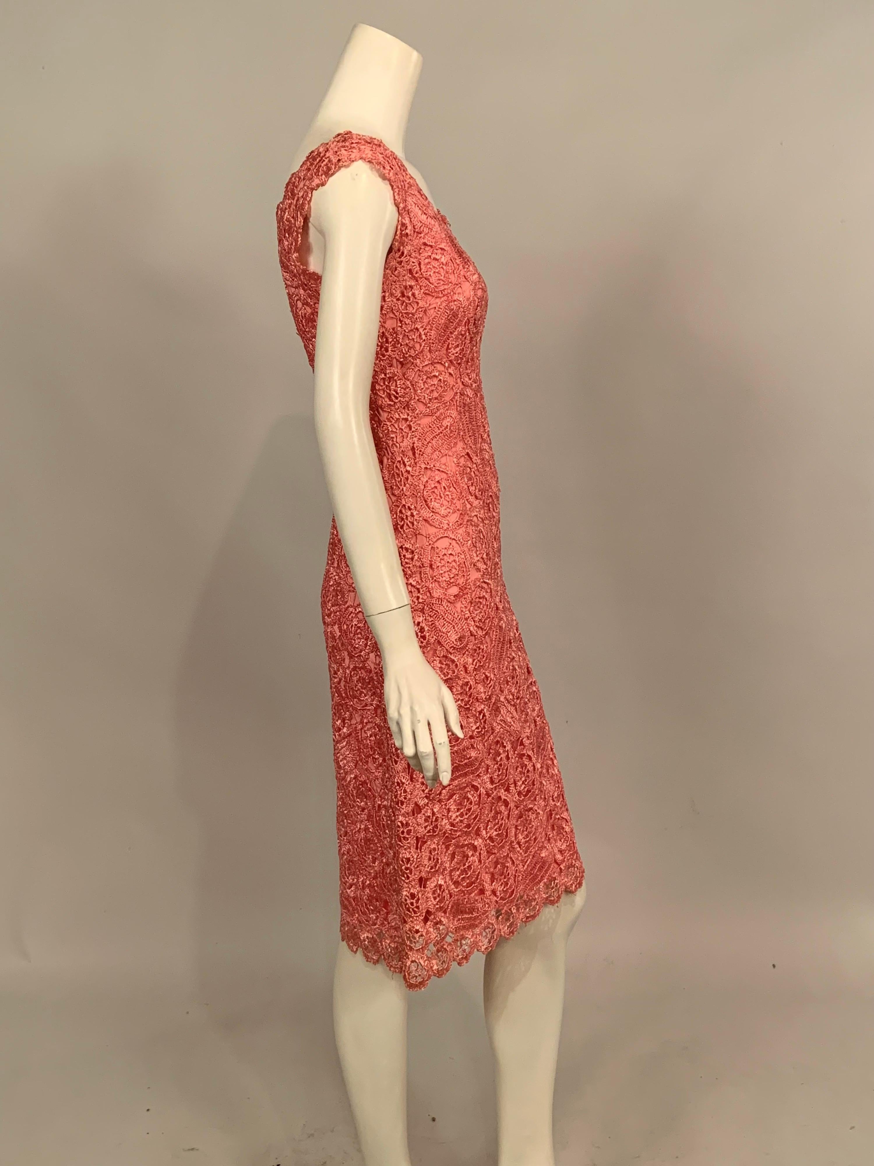 Women's 1970's Rose Pink Hand Crocheted Raffia Dress with Matching Belt For Sale