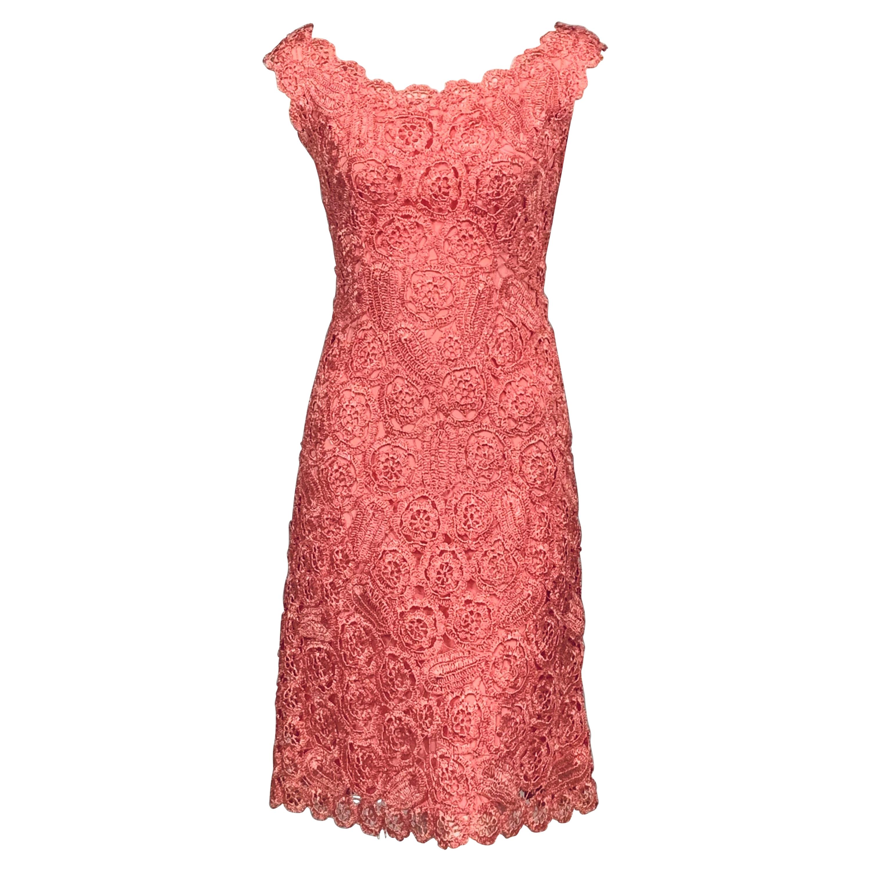 1970's Rose Pink Hand Crocheted Raffia Dress with Matching Belt For Sale