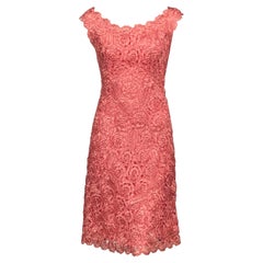 1970's Rose Pink Hand Crocheted Raffia Dress with Matching Belt