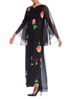 1970S Black Polyester Jersey Rose Print Maxi Dress W/ Chiffon Bell Sleeves & Ca