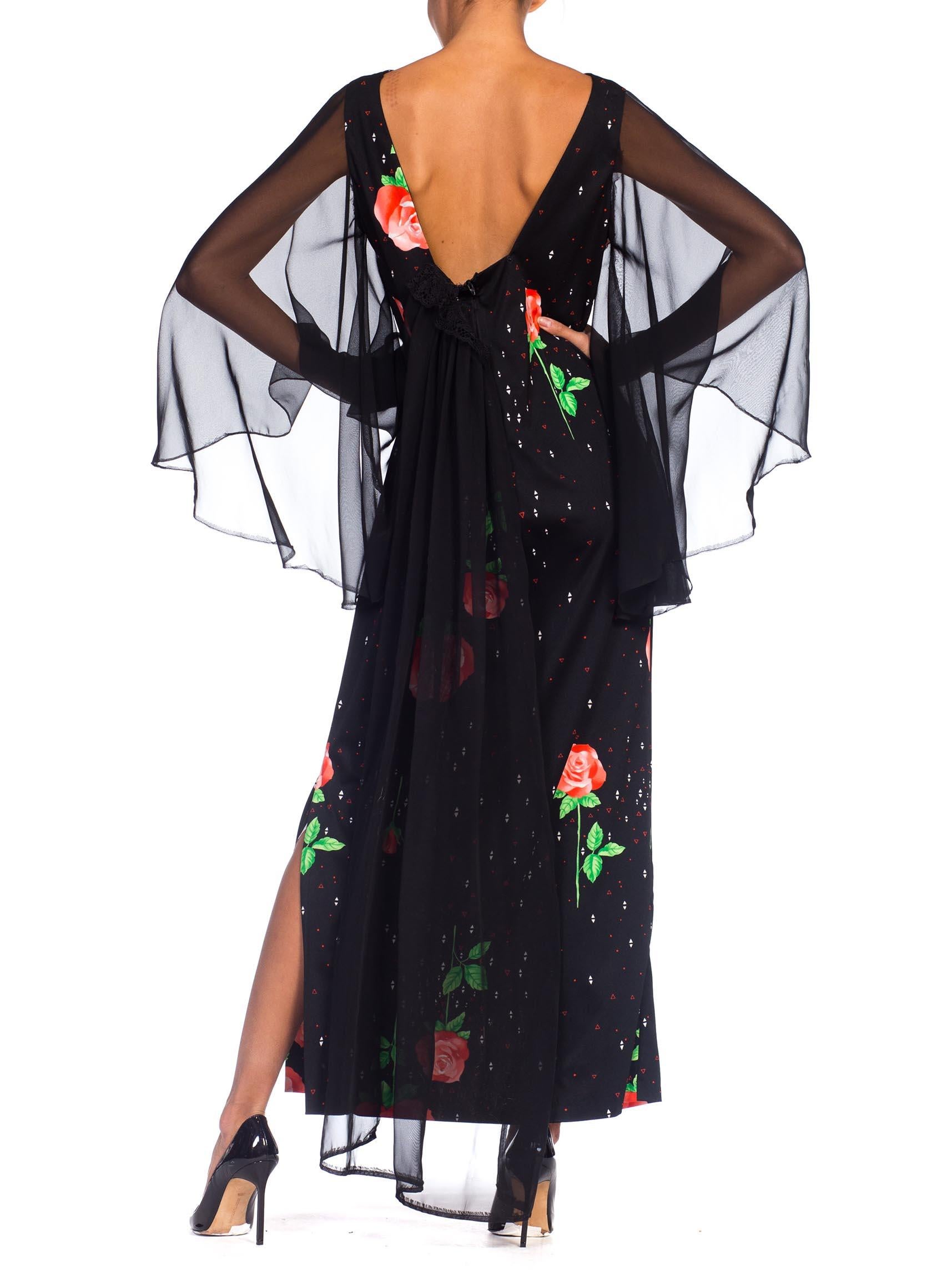 1970S Black Polyester Jersey Rose Print Maxi Dress W/ Chiffon Bell Sleeves & Ca In Excellent Condition For Sale In New York, NY