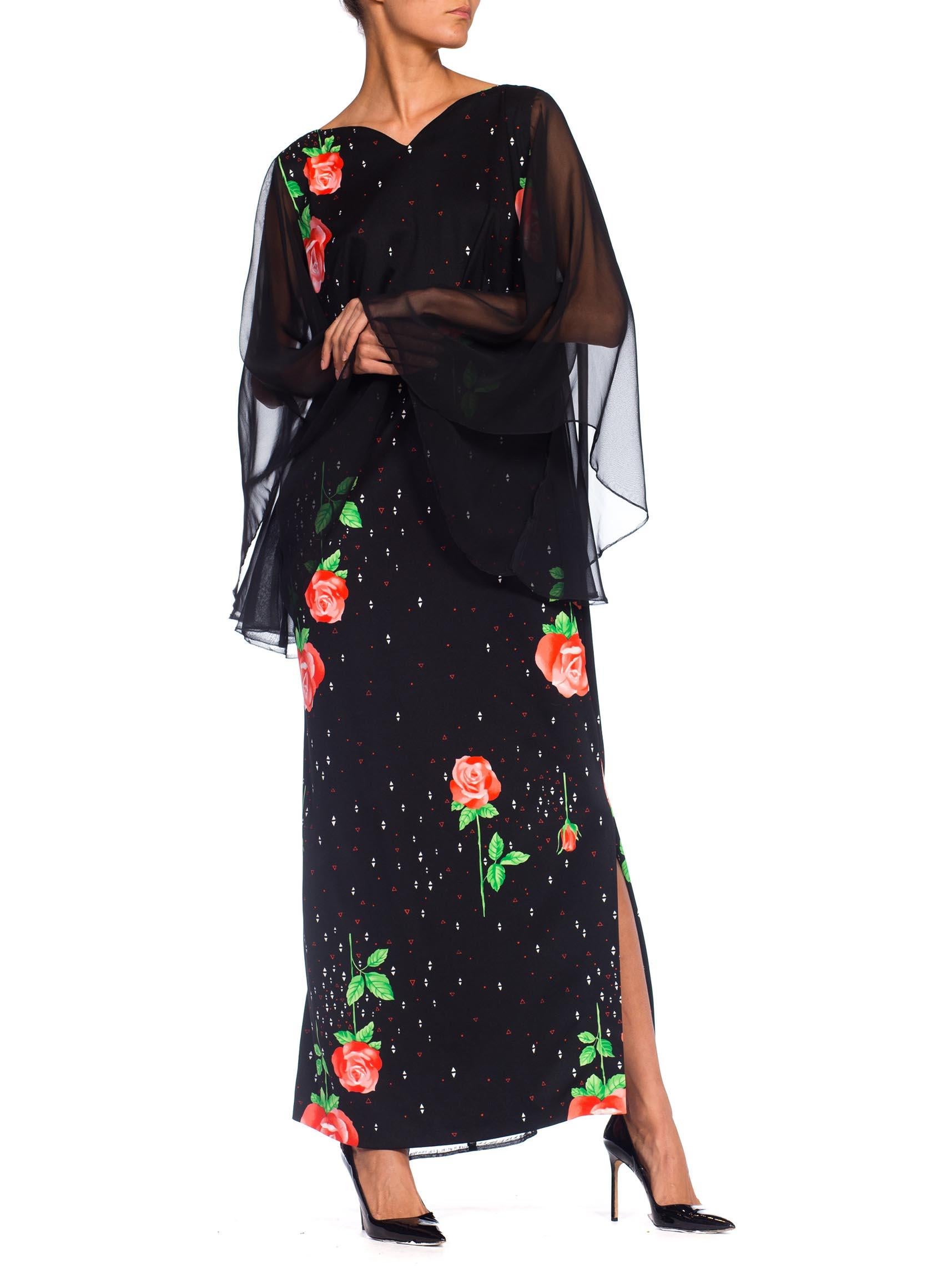 1970S Black Polyester Jersey Rose Print Maxi Dress W/ Chiffon Bell Sleeves & Ca For Sale 1