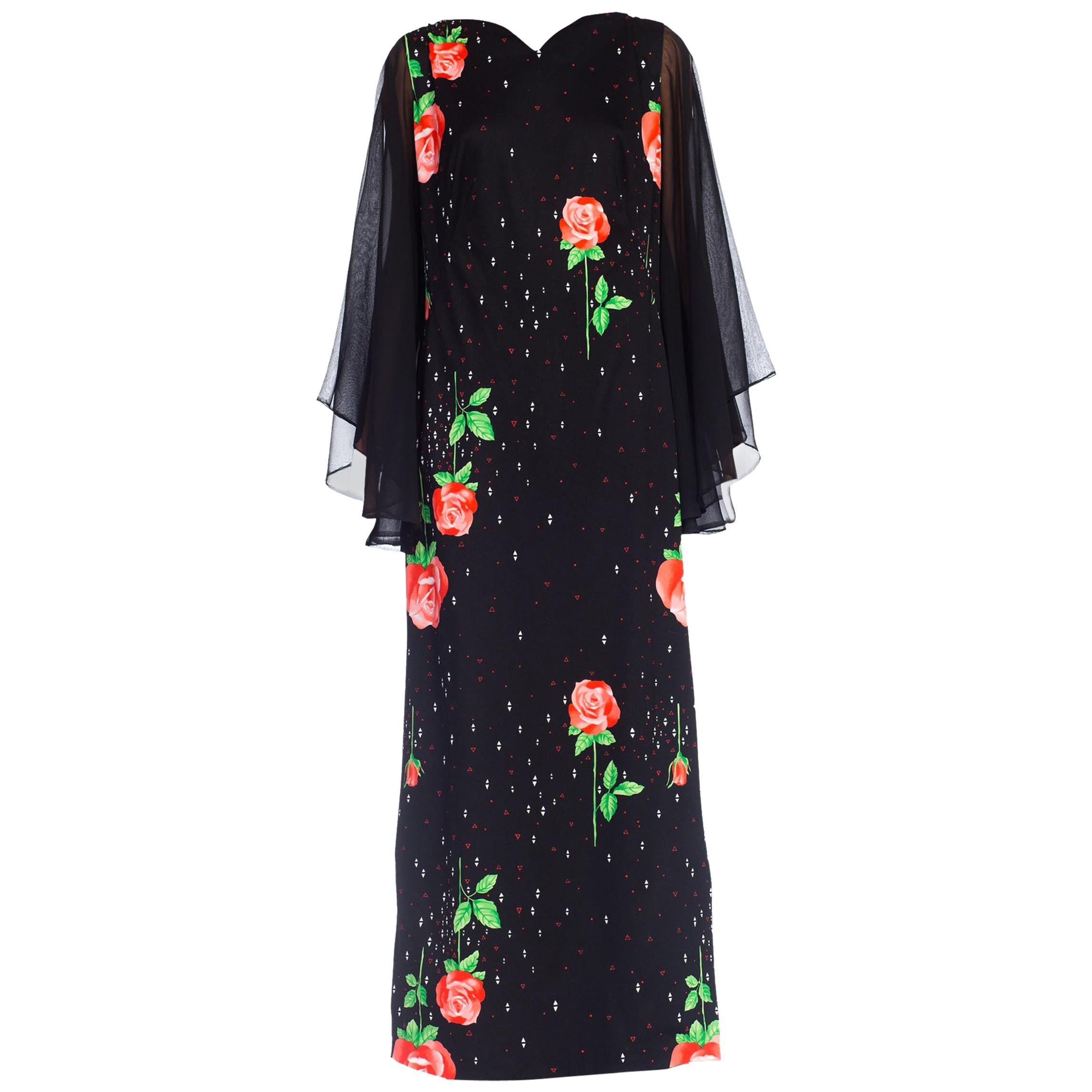 1970S Black Polyester Jersey Rose Print Maxi Dress W/ Chiffon Bell Sleeves & Ca For Sale