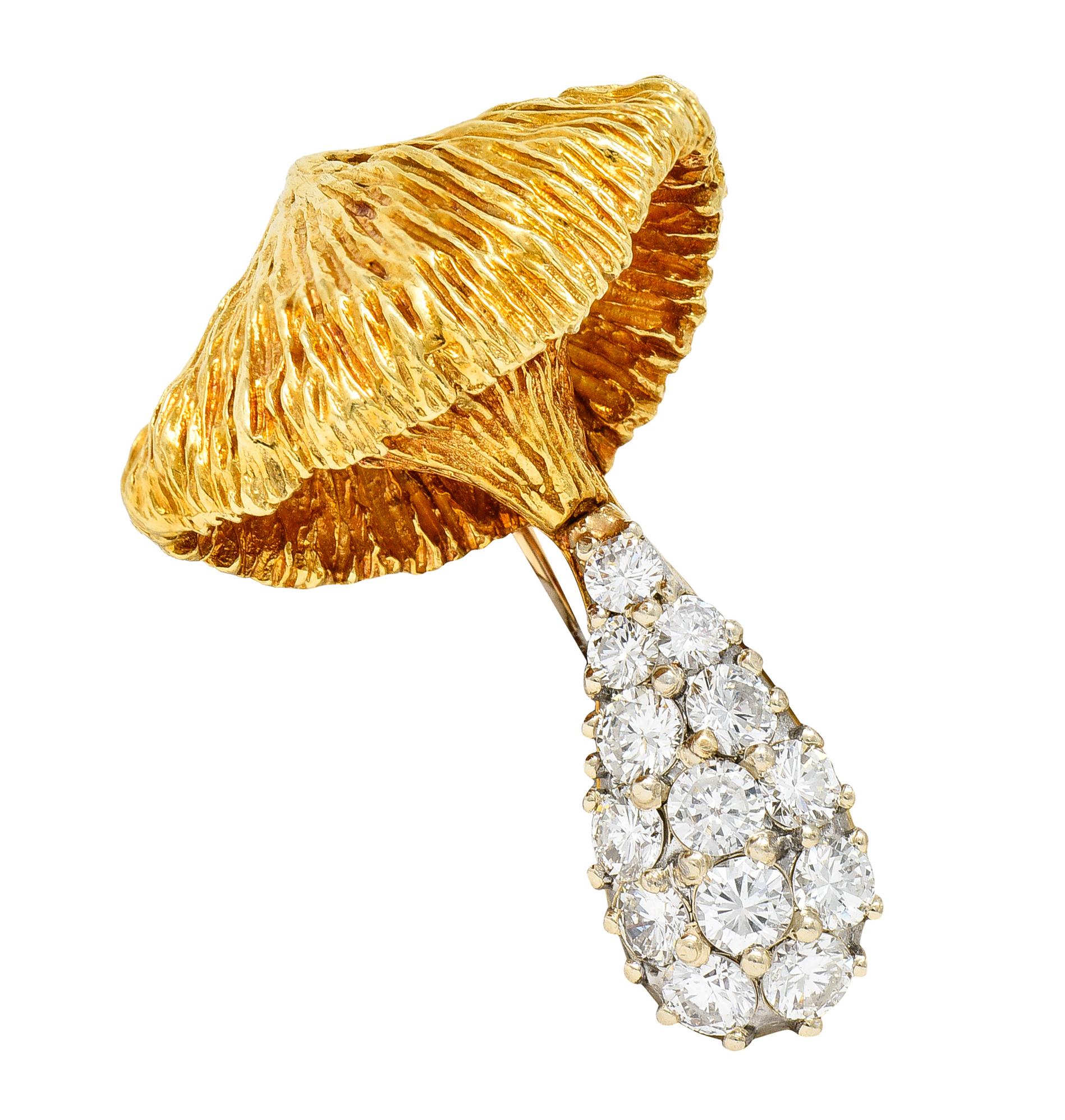 1970's Rosenthal 1.25 Carats Pave Diamond 18 Karat Two-Tone Gold Mushroom Brooch 3