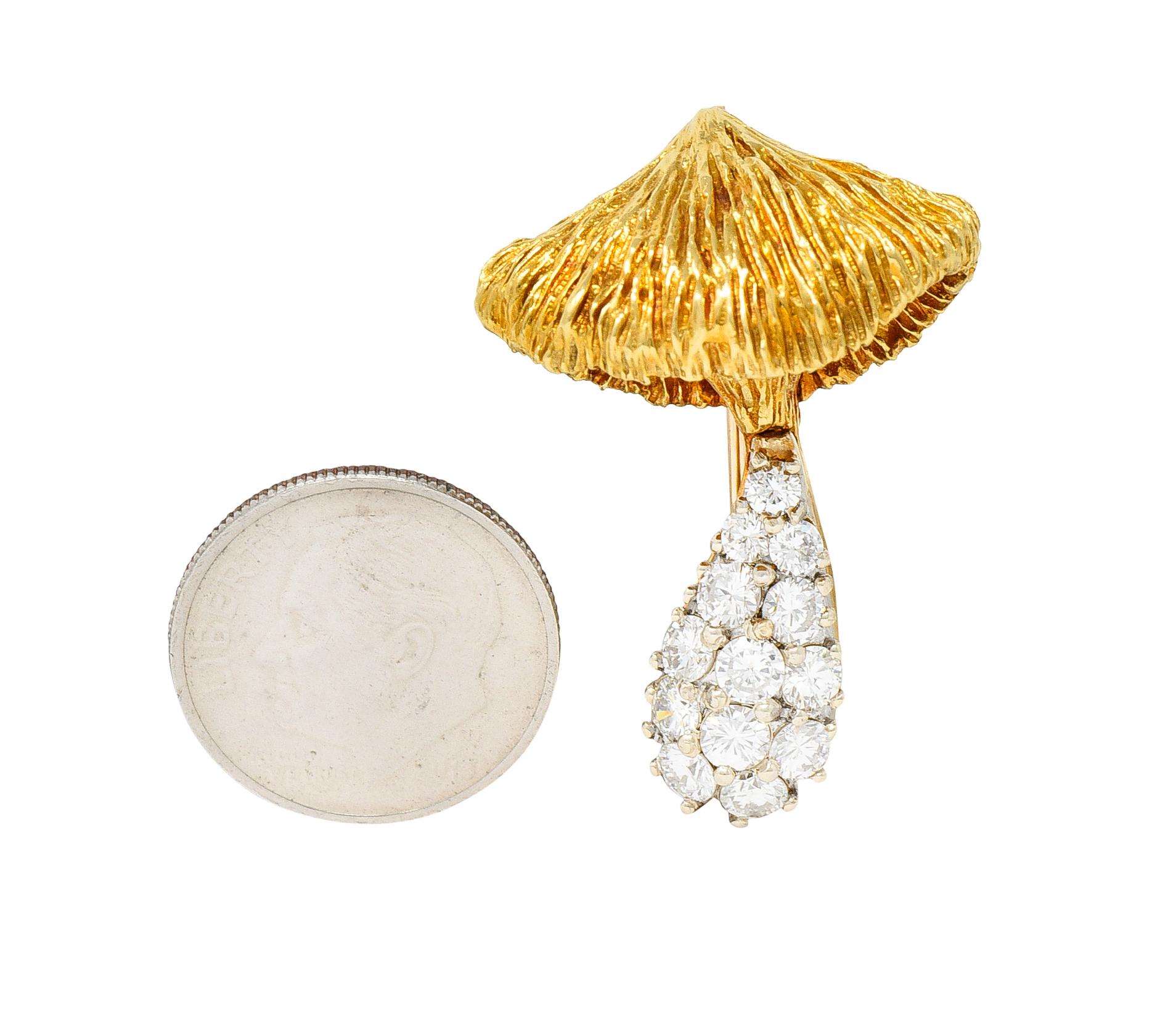 1970's Rosenthal 1.25 Carats Pave Diamond 18 Karat Two-Tone Gold Mushroom Brooch 4