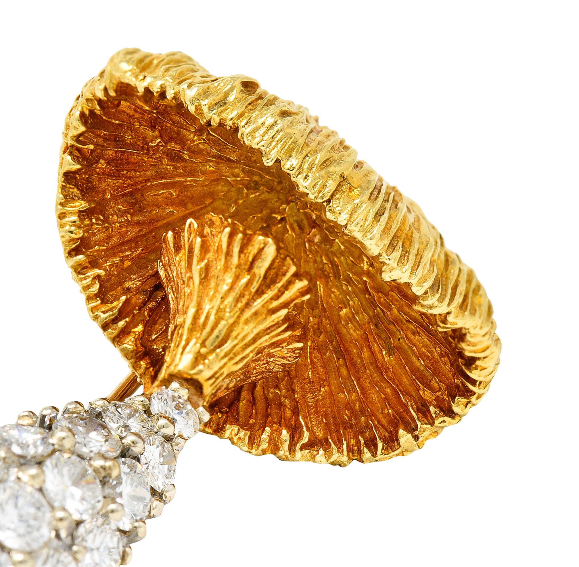 Brilliant Cut 1970's Rosenthal 1.25 Carats Pave Diamond 18 Karat Two-Tone Gold Mushroom Brooch