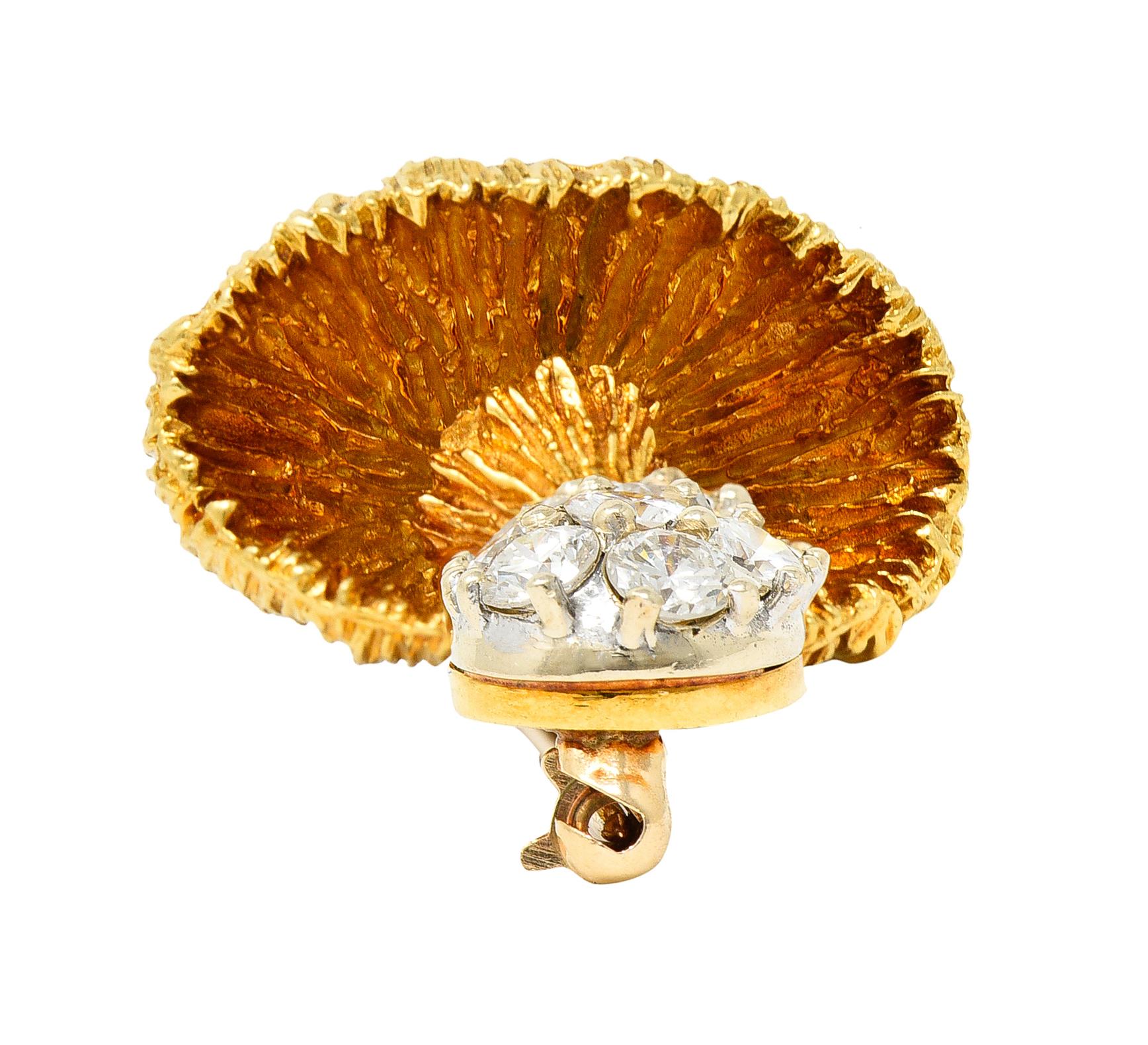 Women's or Men's 1970's Rosenthal 1.25 Carats Pave Diamond 18 Karat Two-Tone Gold Mushroom Brooch