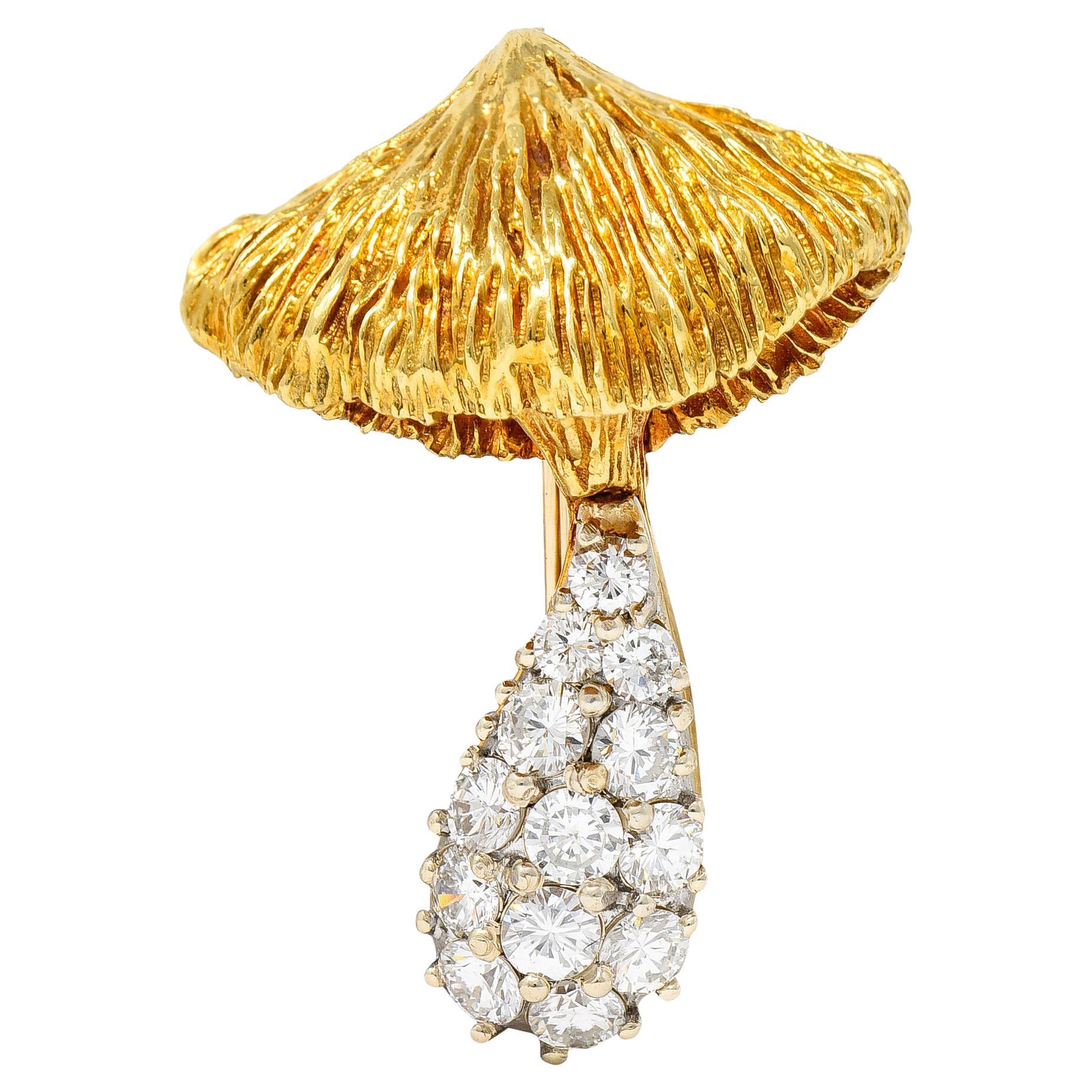 1970's Rosenthal 1.25 Carats Pave Diamond 18 Karat Two-Tone Gold Mushroom Brooch