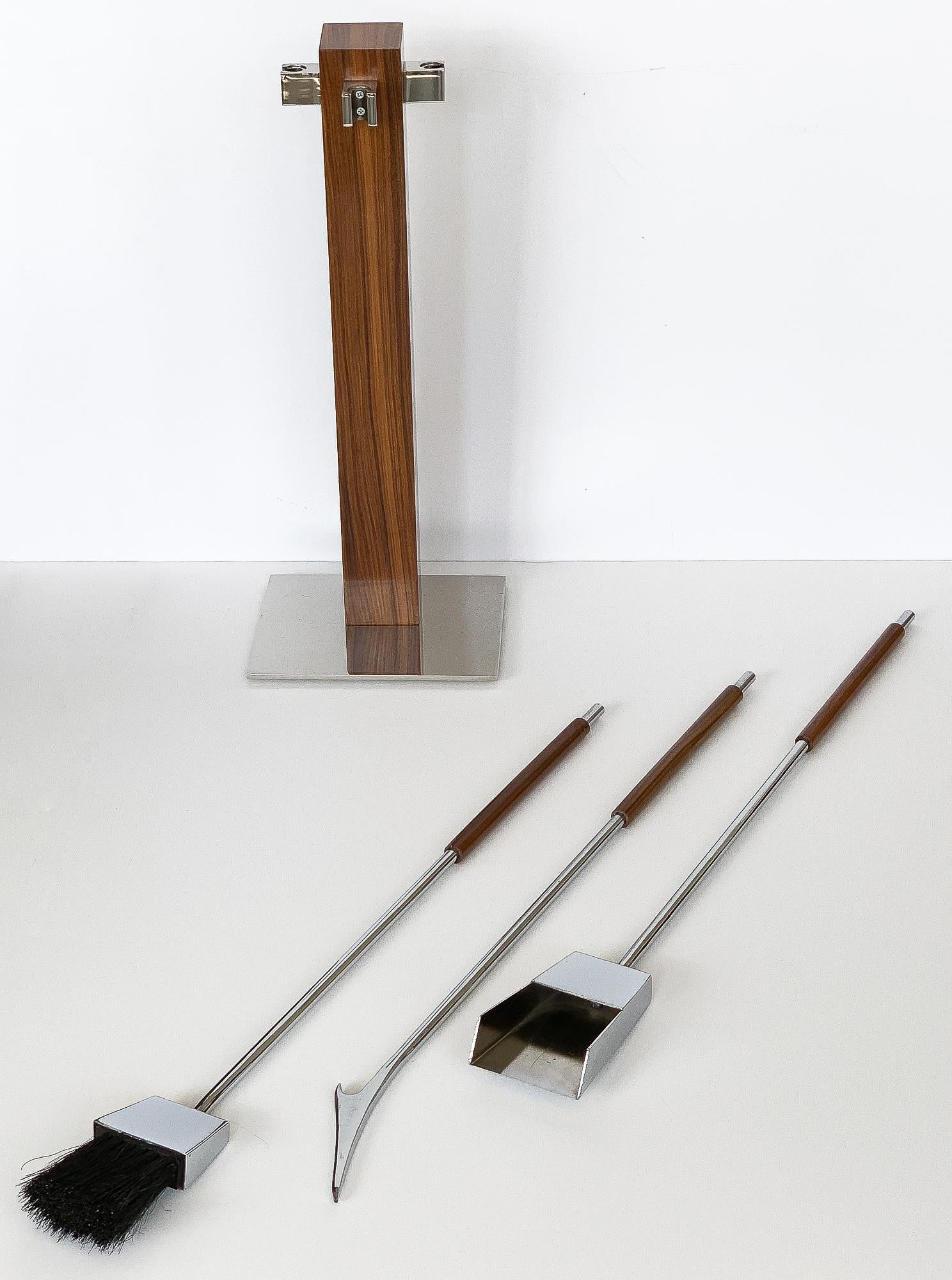 1970s Rosewood and Chrome Fireplace Tool Set 2