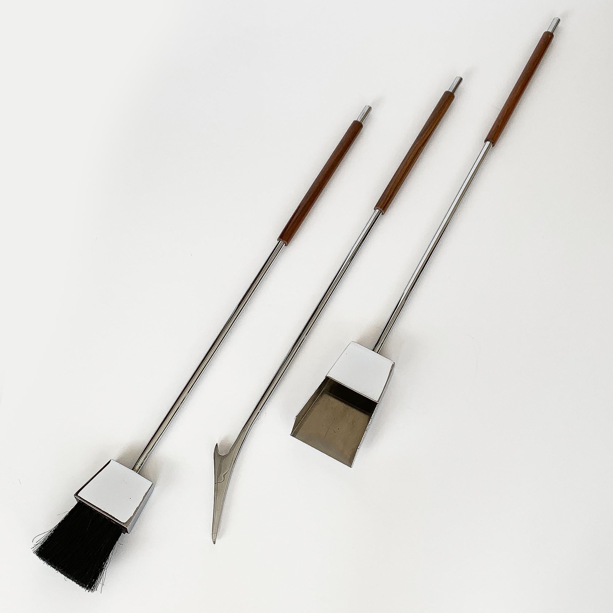 Steel 1970s Rosewood and Chrome Fireplace Tool Set