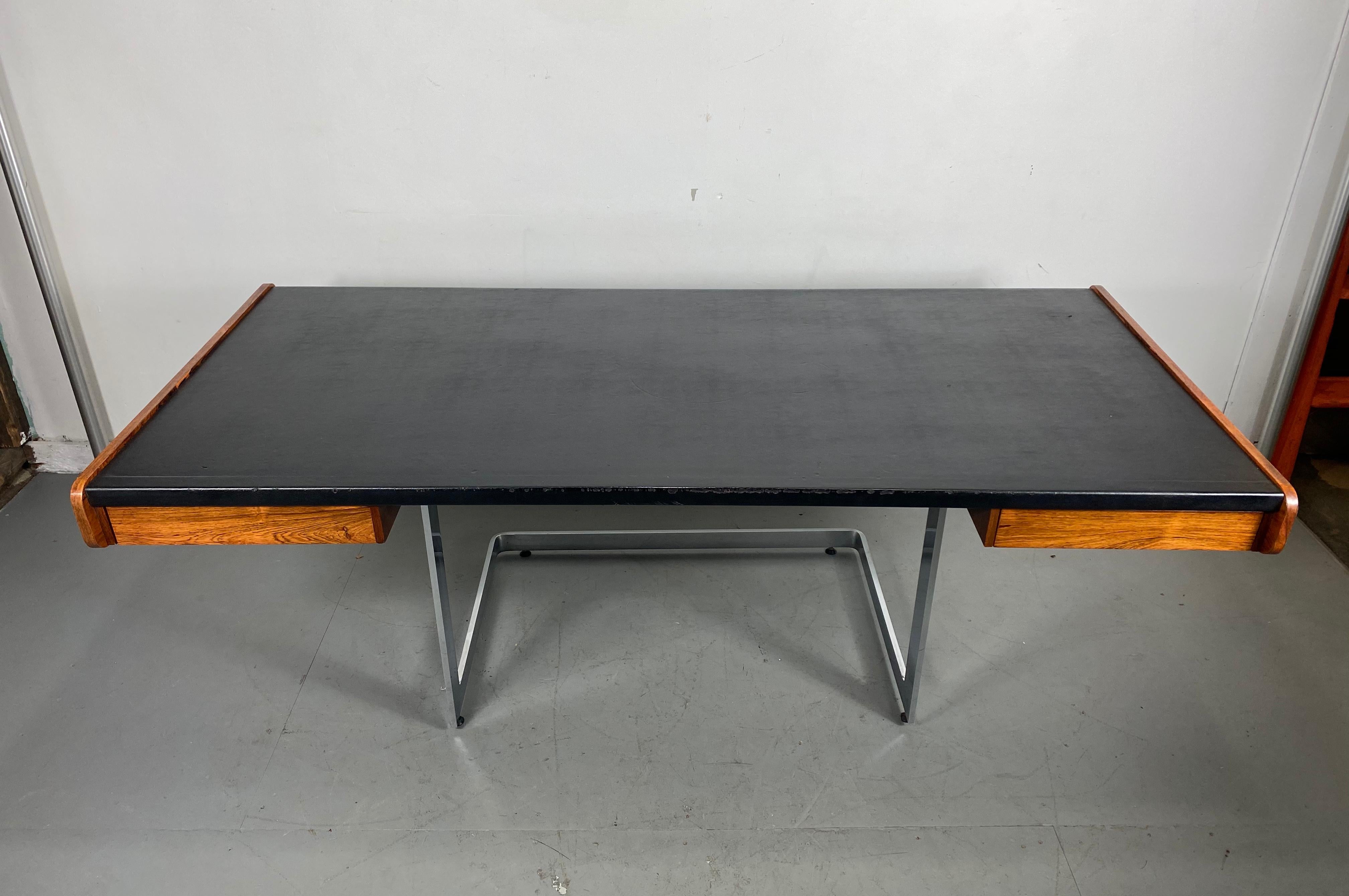 Canadian 1970s Rosewood and Leather Desk on Floating Chrome Base by Ste. Marie Laurent
