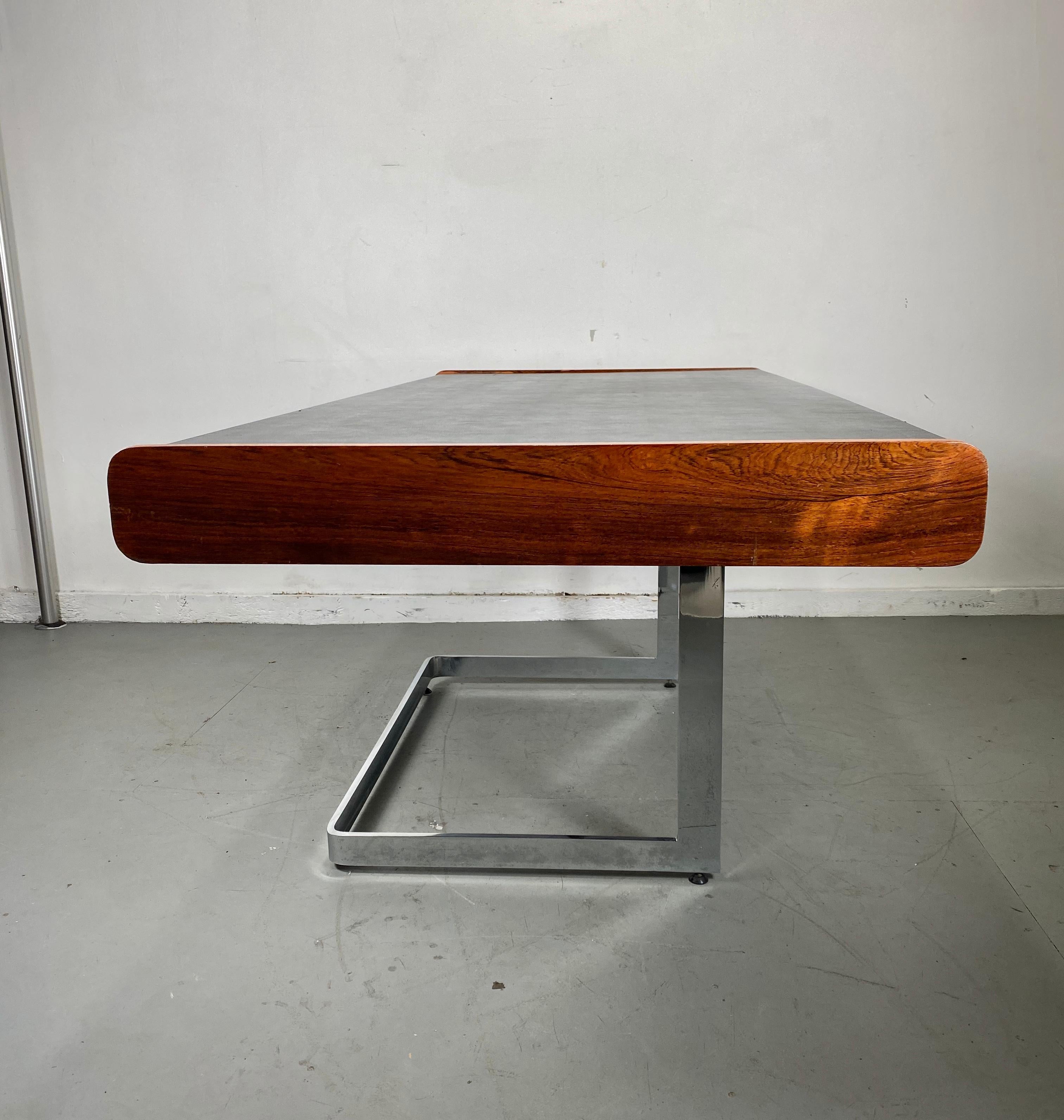 1970s Rosewood and Leather Desk on Floating Chrome Base by Ste. Marie Laurent In Good Condition In Buffalo, NY