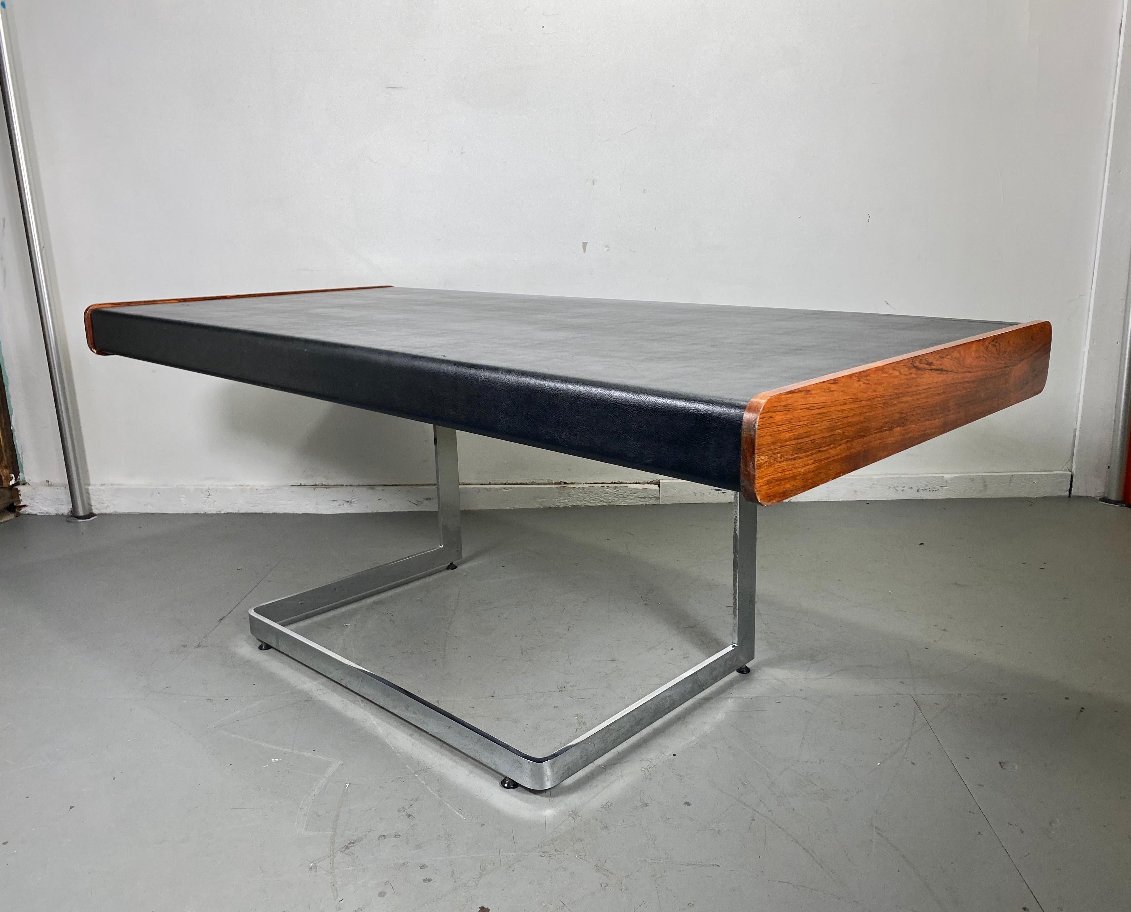 Late 20th Century 1970s Rosewood and Leather Desk on Floating Chrome Base by Ste. Marie Laurent