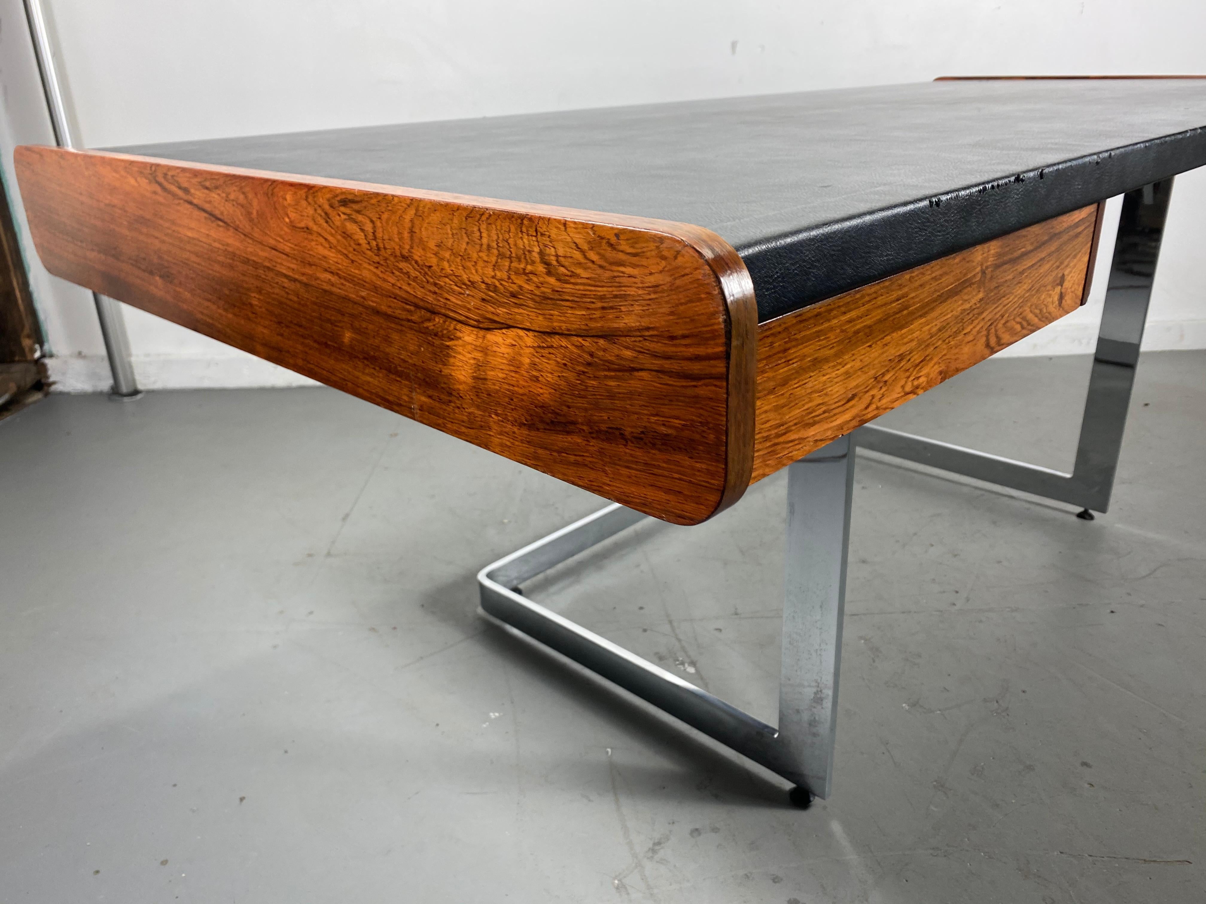Steel 1970s Rosewood and Leather Desk on Floating Chrome Base by Ste. Marie Laurent