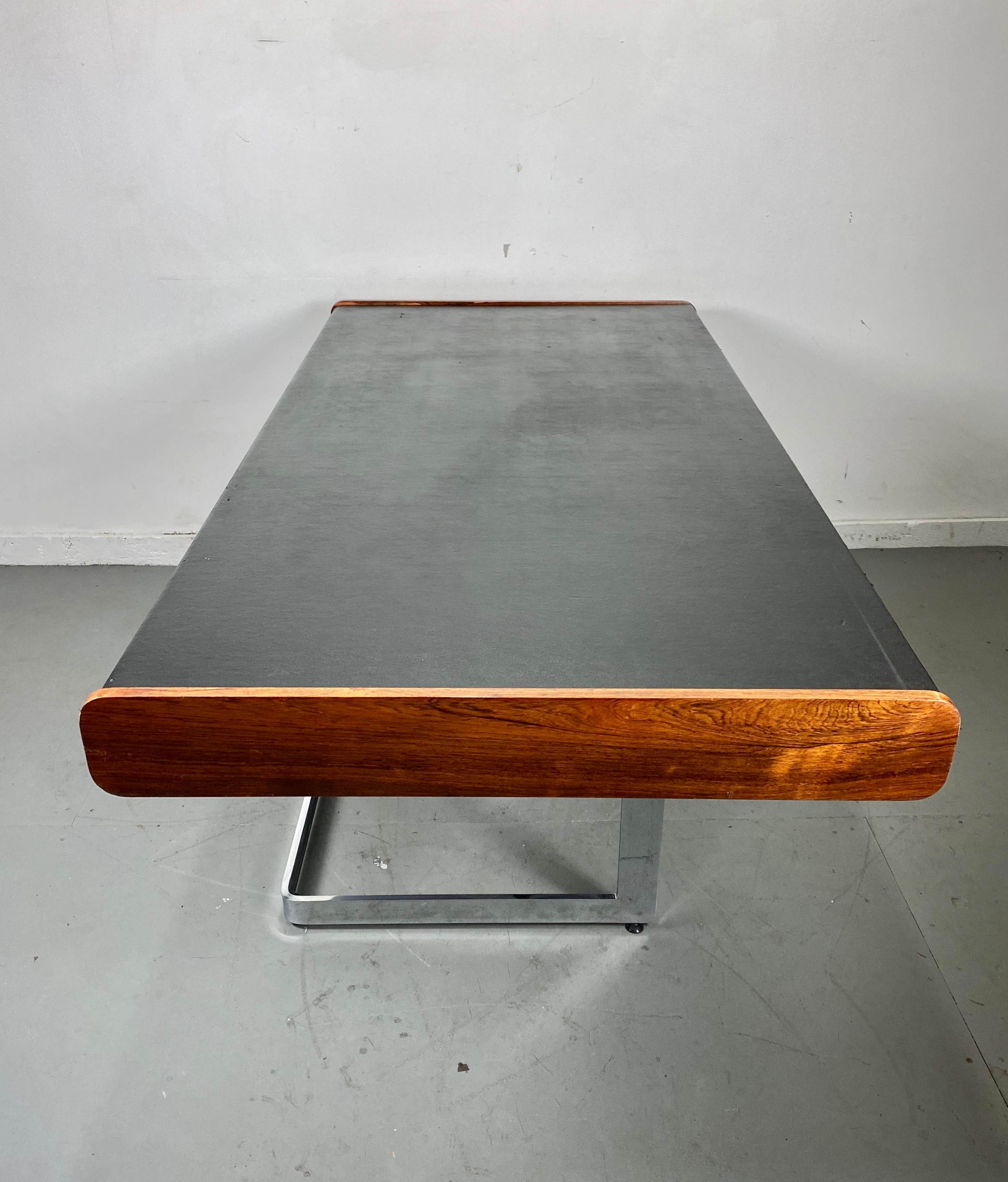 1970s Rosewood and Leather Desk on Floating Chrome Base by Ste. Marie Laurent 1