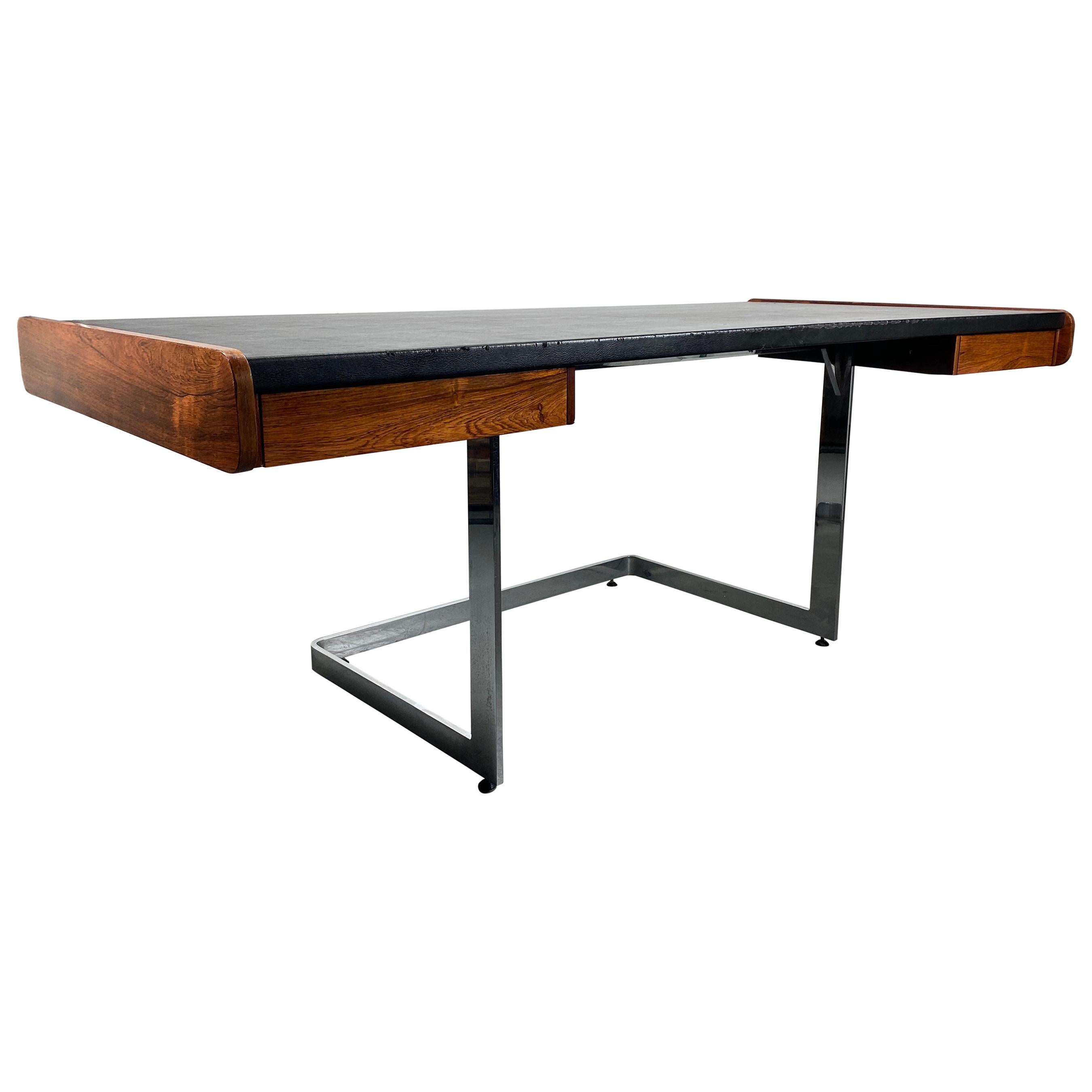 1970s Rosewood and Leather Desk on Floating Chrome Base by Ste. Marie Laurent