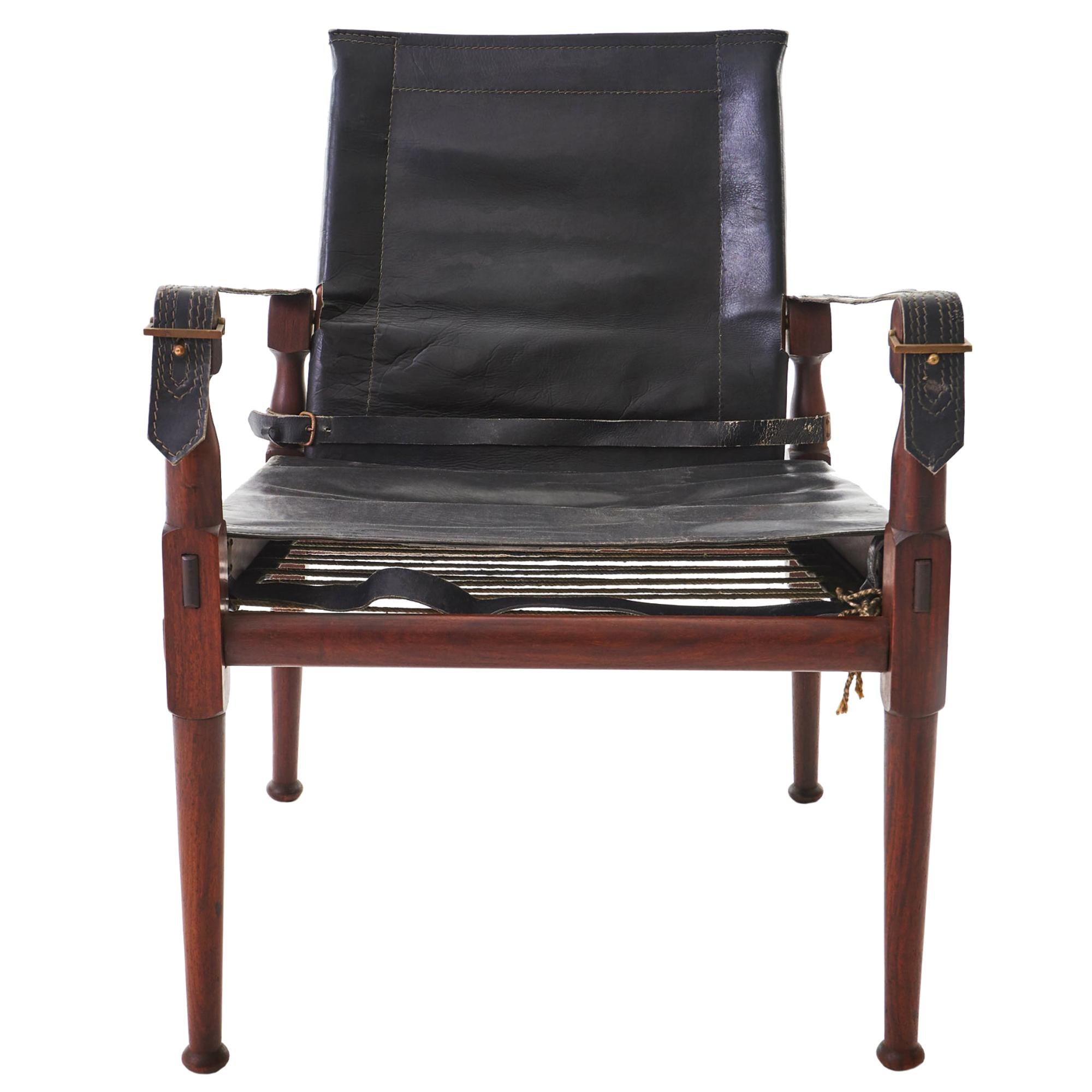 1970s Rosewood and Leather M. Hayat & Brothers Pakistani Safari Chair
