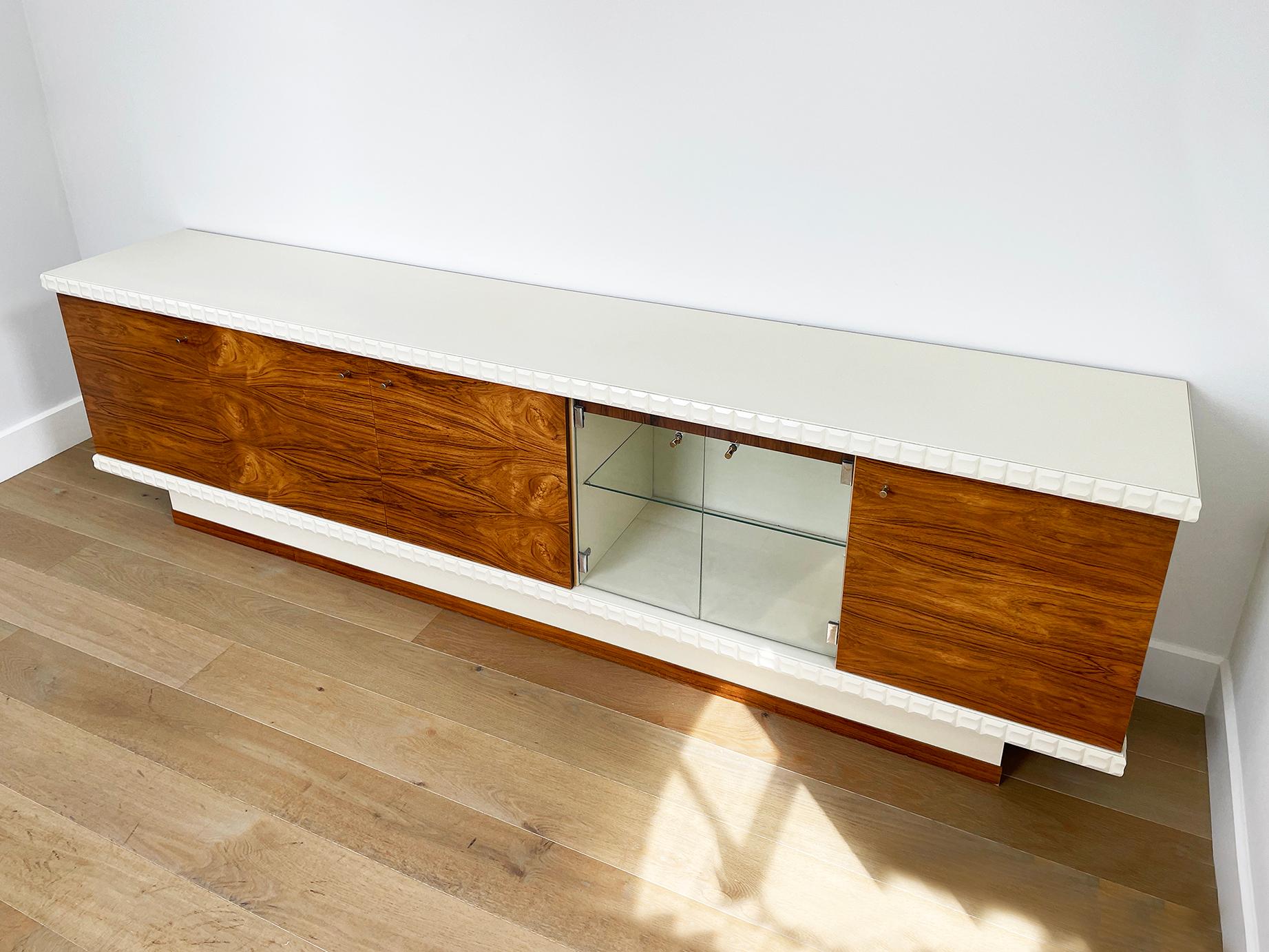 Powder-Coated 1970s Rosewood White German Sideboard Drinks Cabinet Rio Palisander Glass For Sale