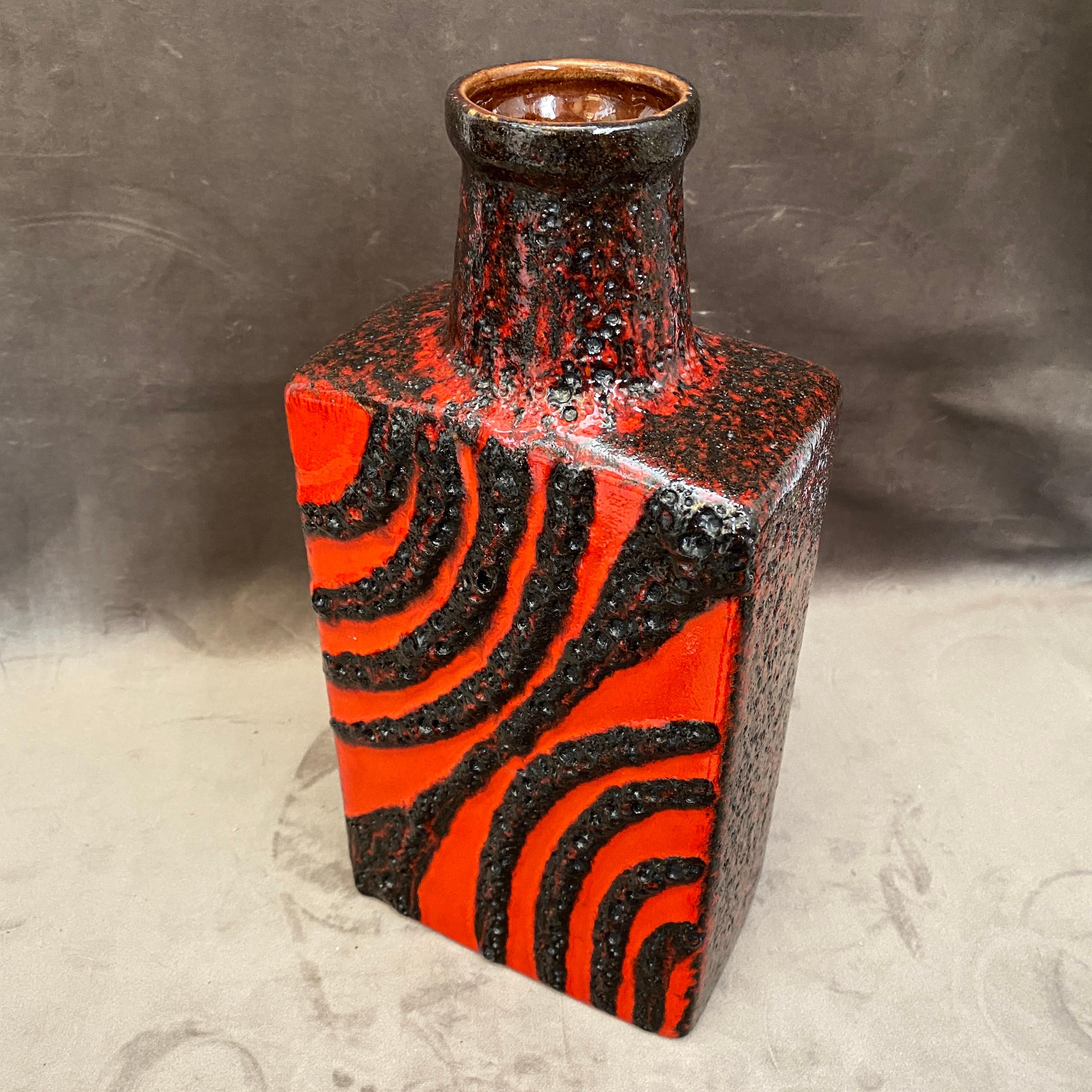 1970s Modernist Fat Lava Red and Black Ceramic German Bottle Vase by Scheurich 1