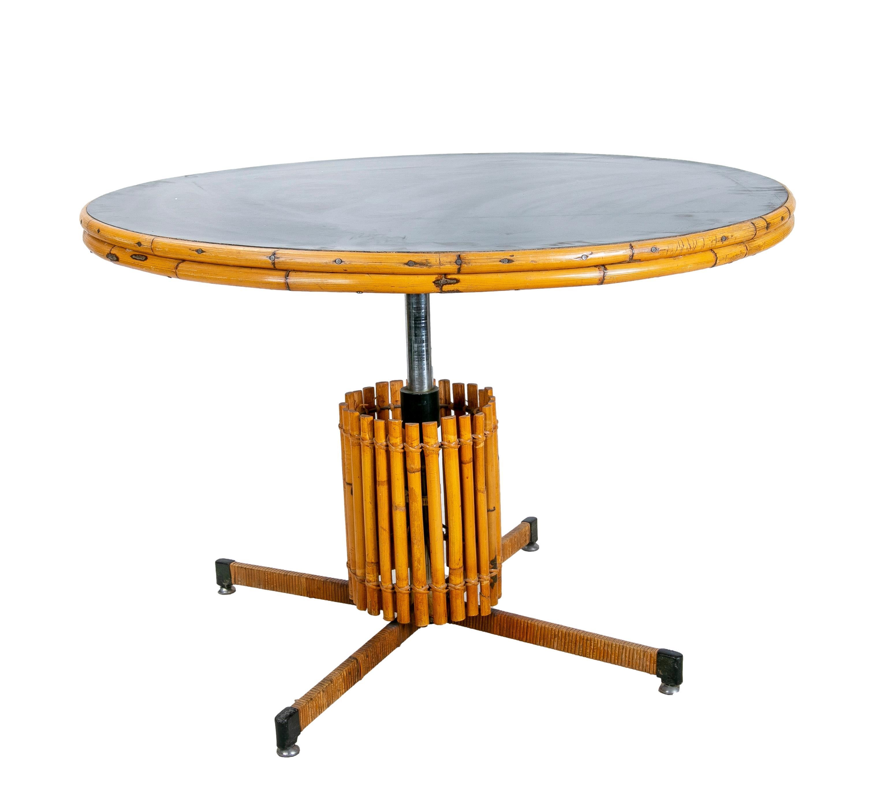 Spanish 1970s Round Bamboo Table with Formica Tabletop and Steel Structure  For Sale