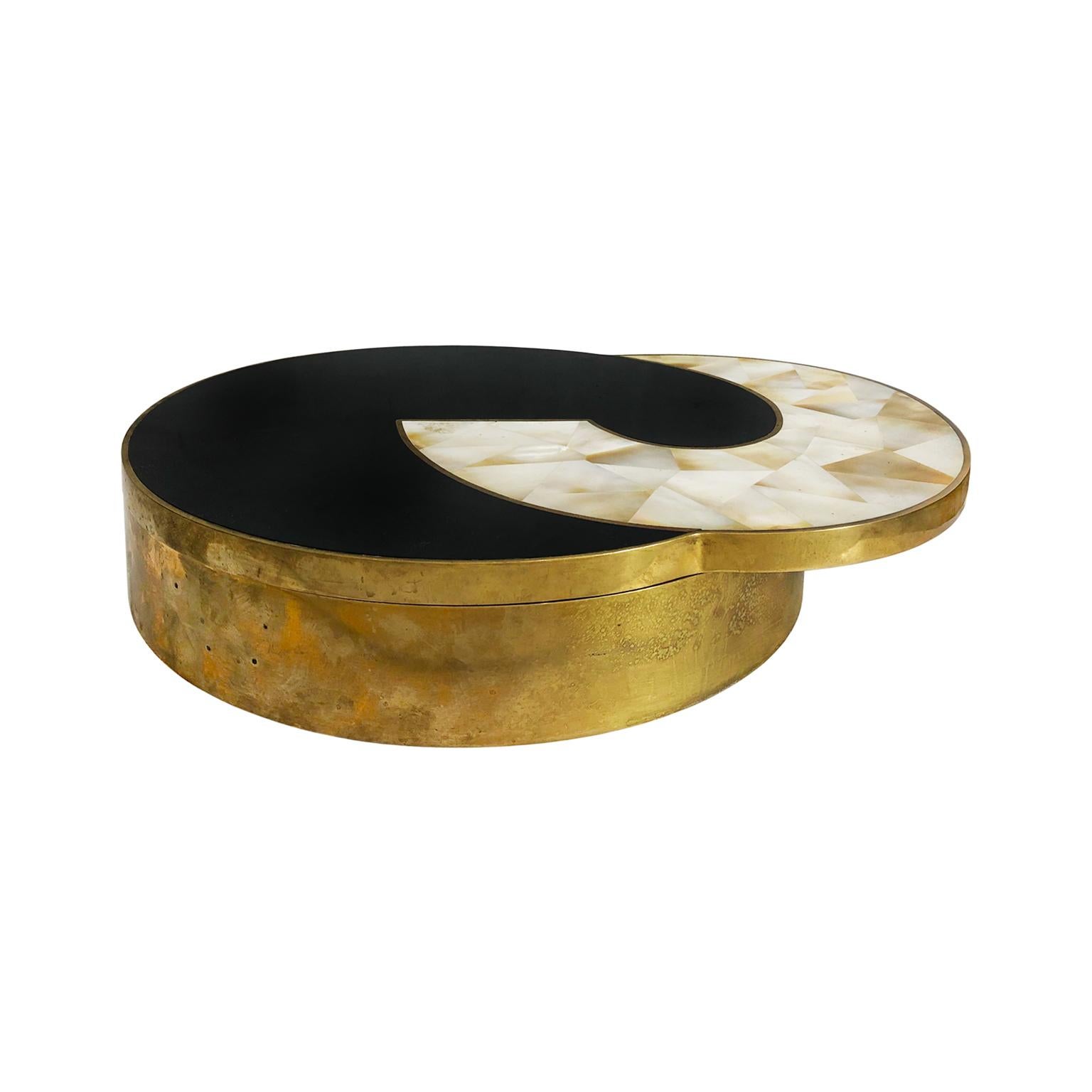 1970s Round Brass Box with Black Stone and Shell Lid
