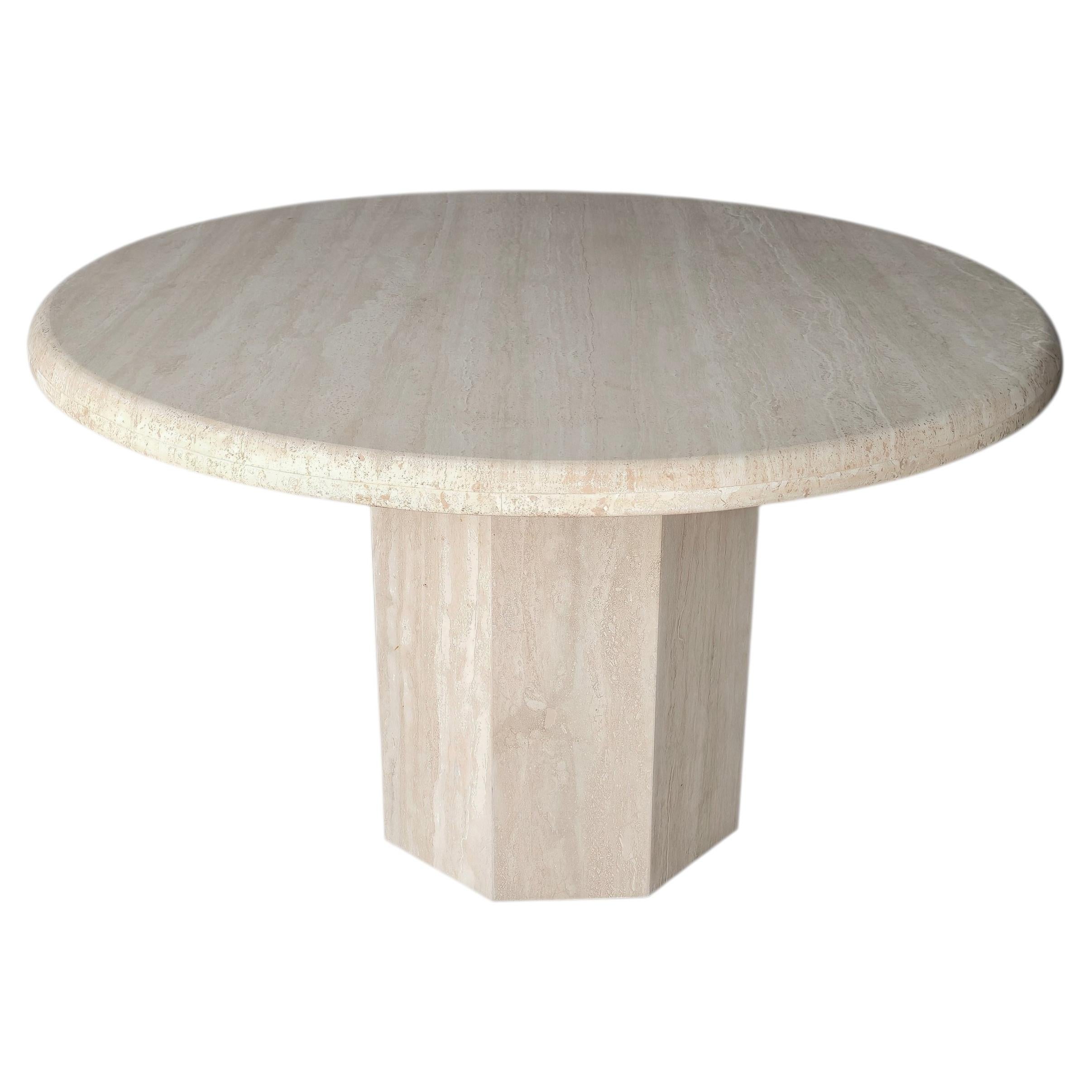1970s Round Bullnose Travertine Dining Table with Hex Base