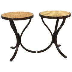 1970s Round Cane Top Side Tables, Pair