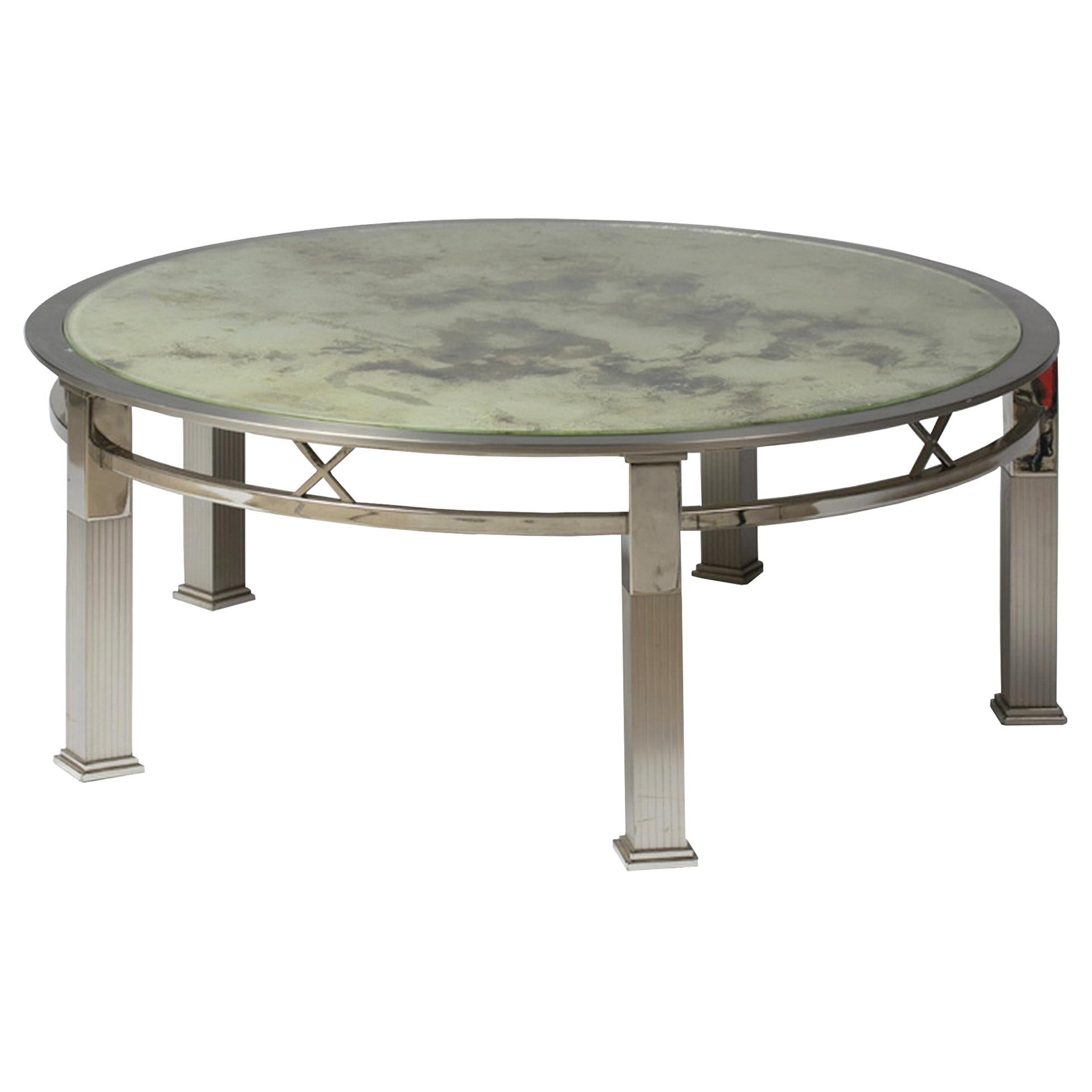1970s Round Coffee Table in Chromed Metal and Acid-Worked Glass